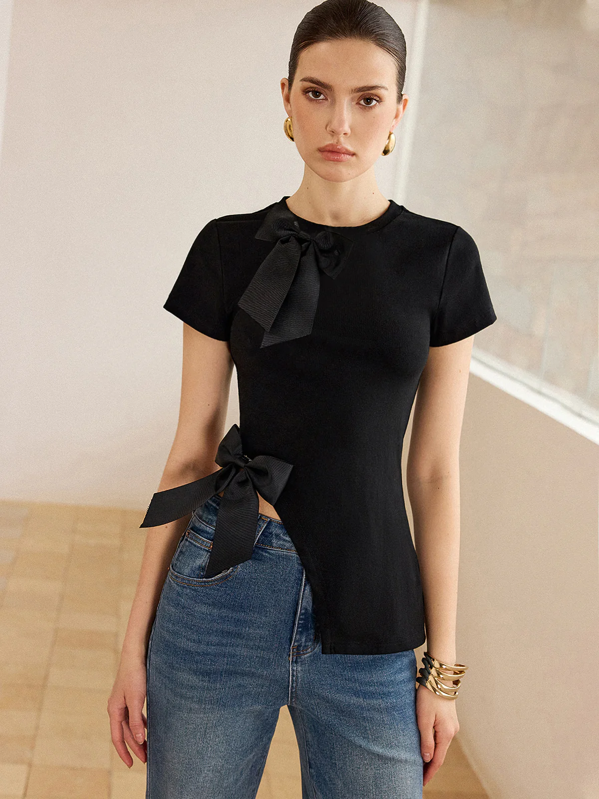 3D Bow-Detailed Top with Asymmetric Hem - Wholesalesil