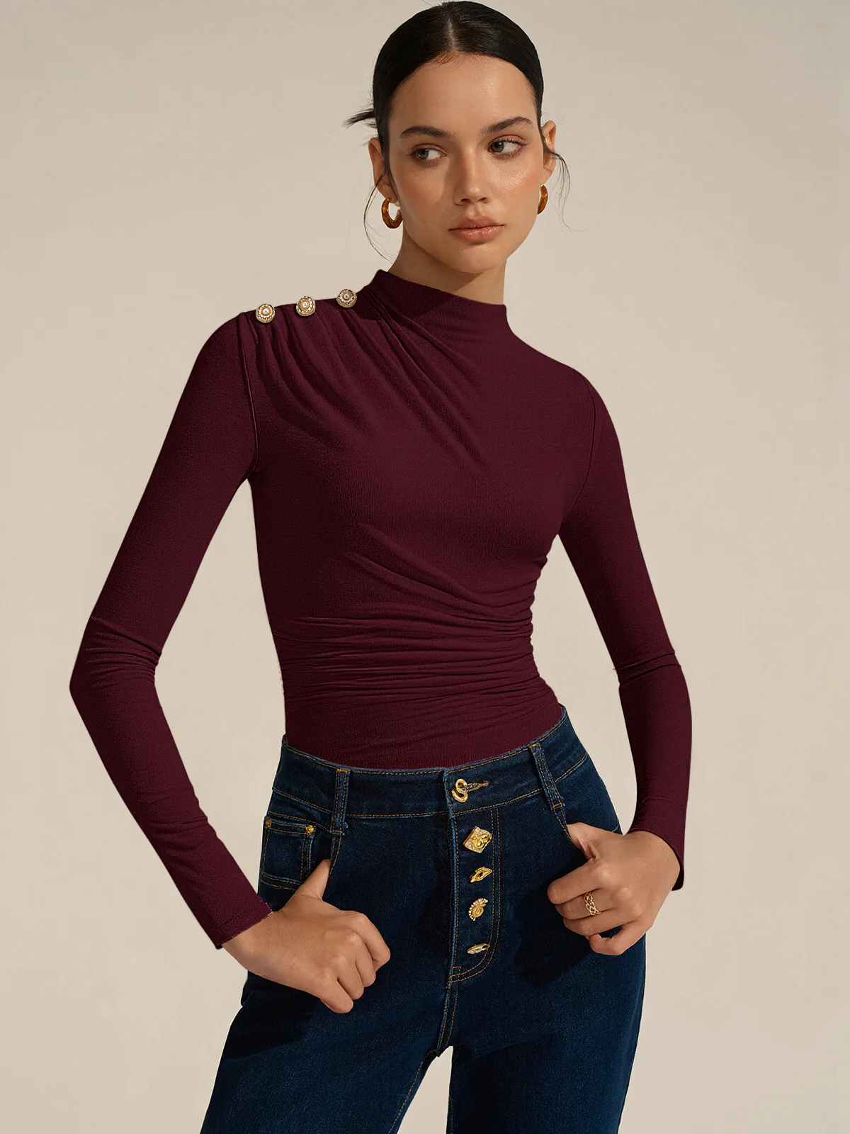 Ruched Shoulder-Decor Long Sleeve Bodysuit - Wholesalesil