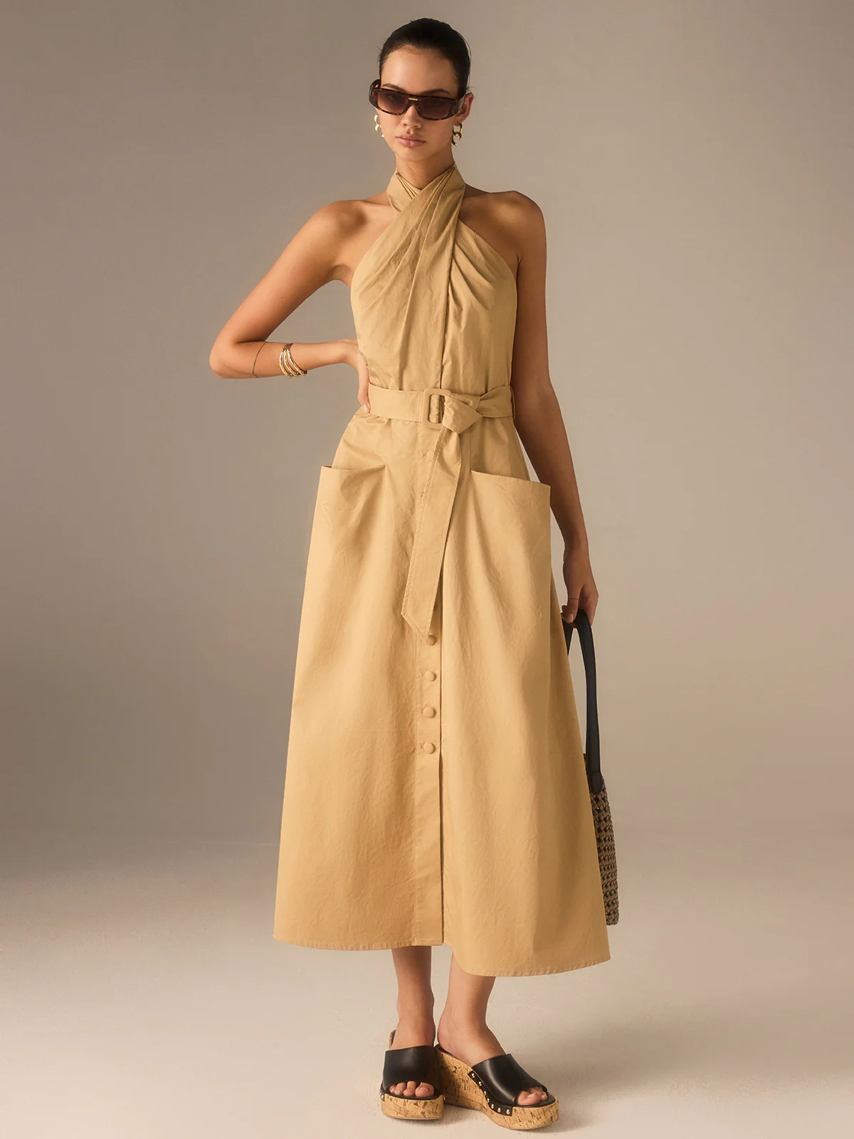 Cotton Pleated Halter Neck Belted Midi Dress - Wholesalesil