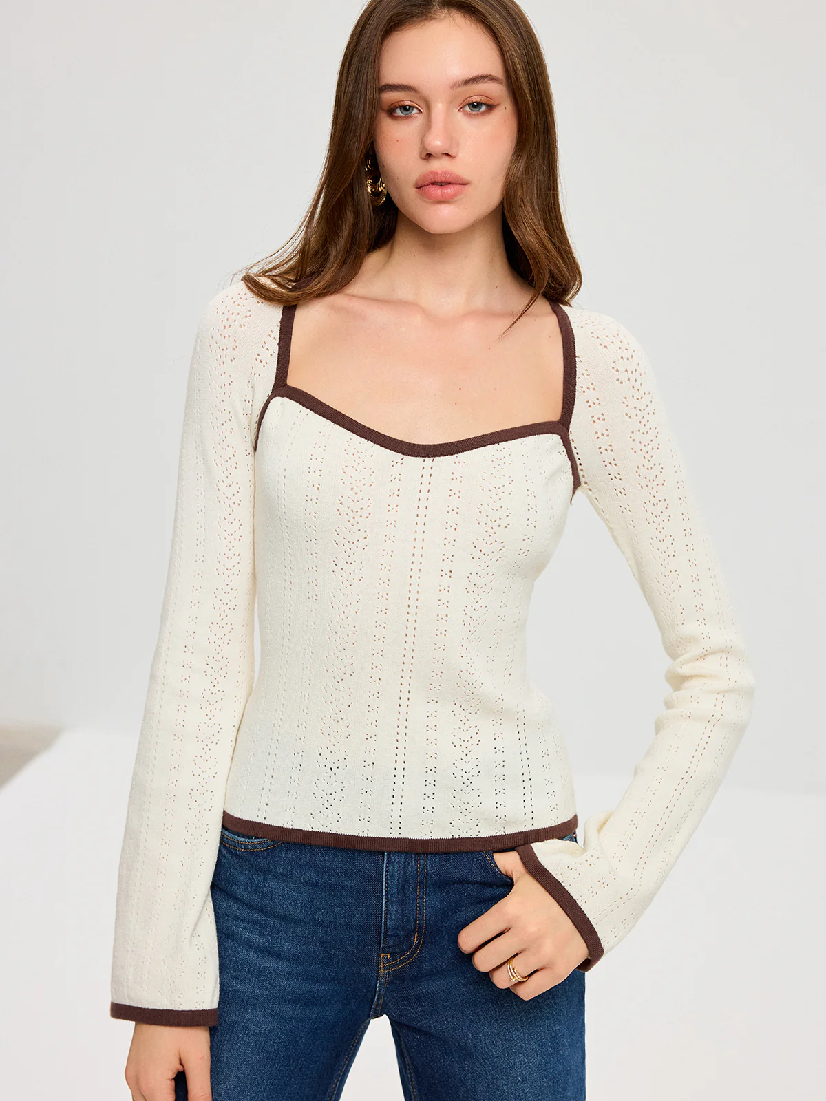 Square Neck Contrast Trim Eyelet Sweater - Wholesalesil