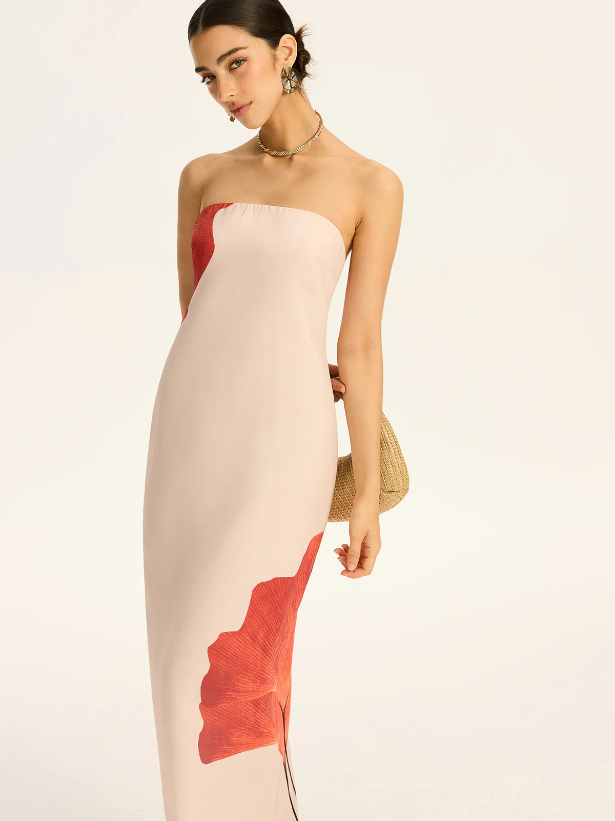 Strapless Printed Maxi Dress with Back Bow and Slit - Wholesalesil