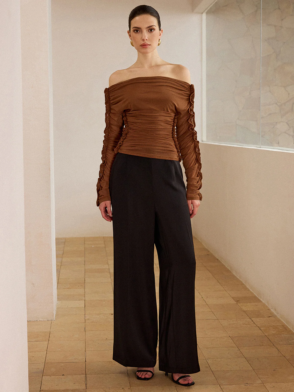 Off-Shoulder Ruched Top with Ruffled Sleeves - Wholesalesil