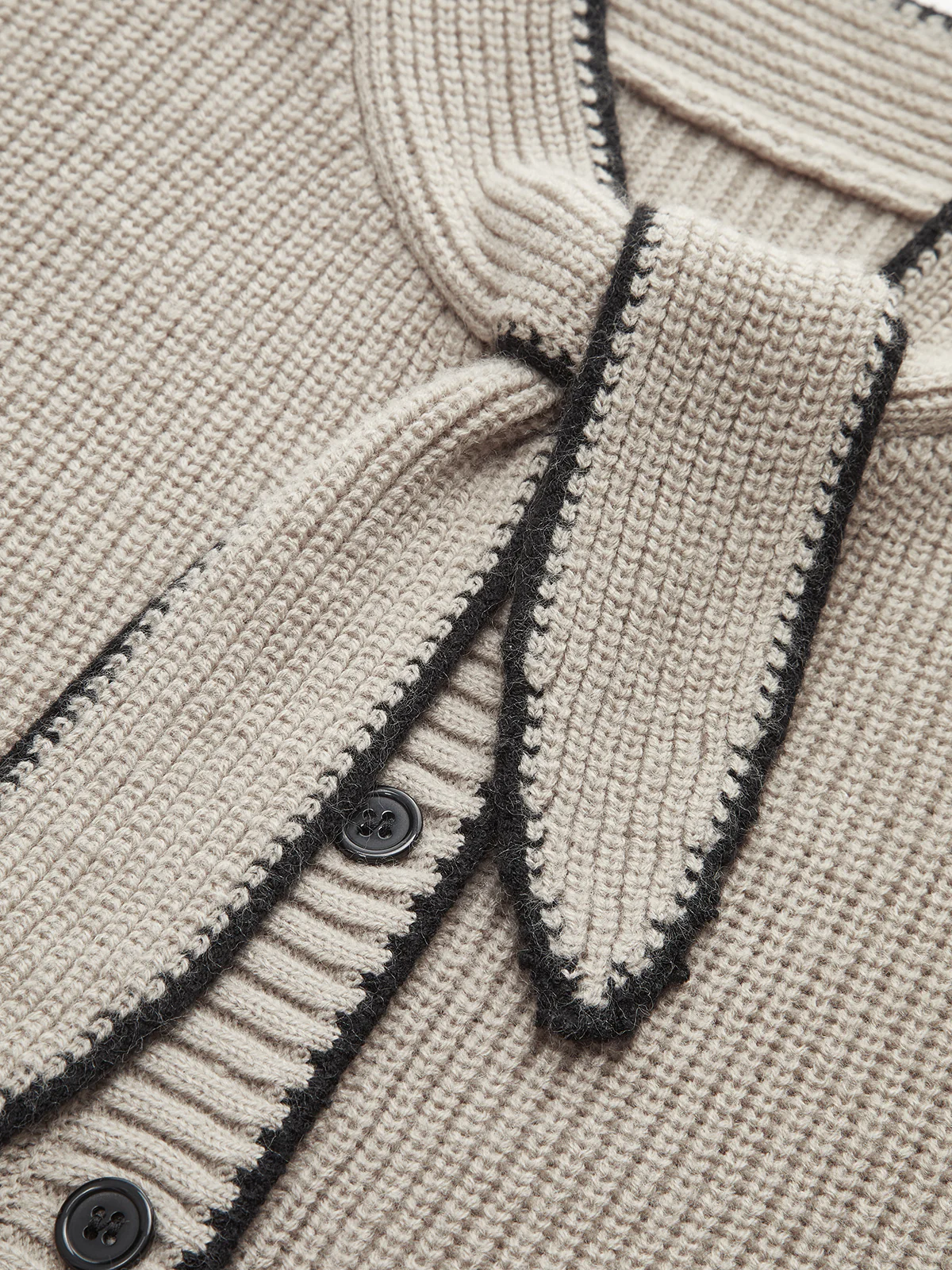 Tie Neck Contrast Trim Wool Blend Cardigan - Wholesalesil