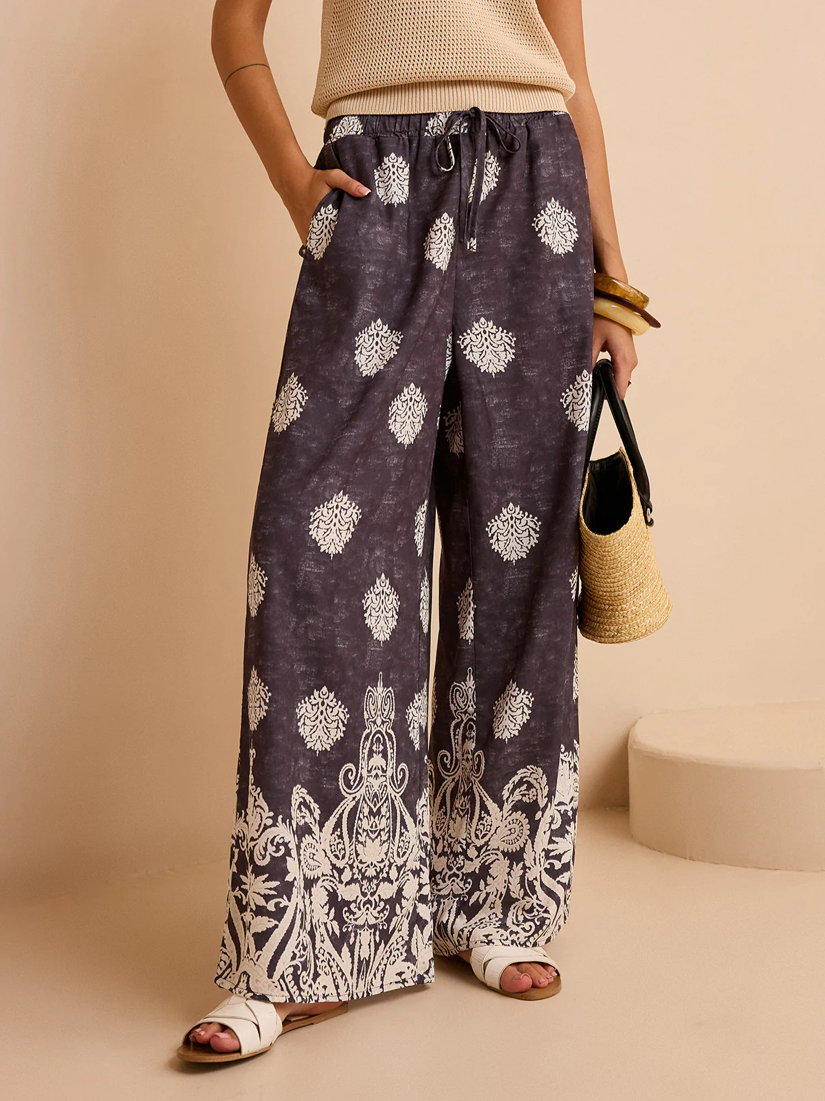 Printed Wide-Leg Pants - Wholesalesil