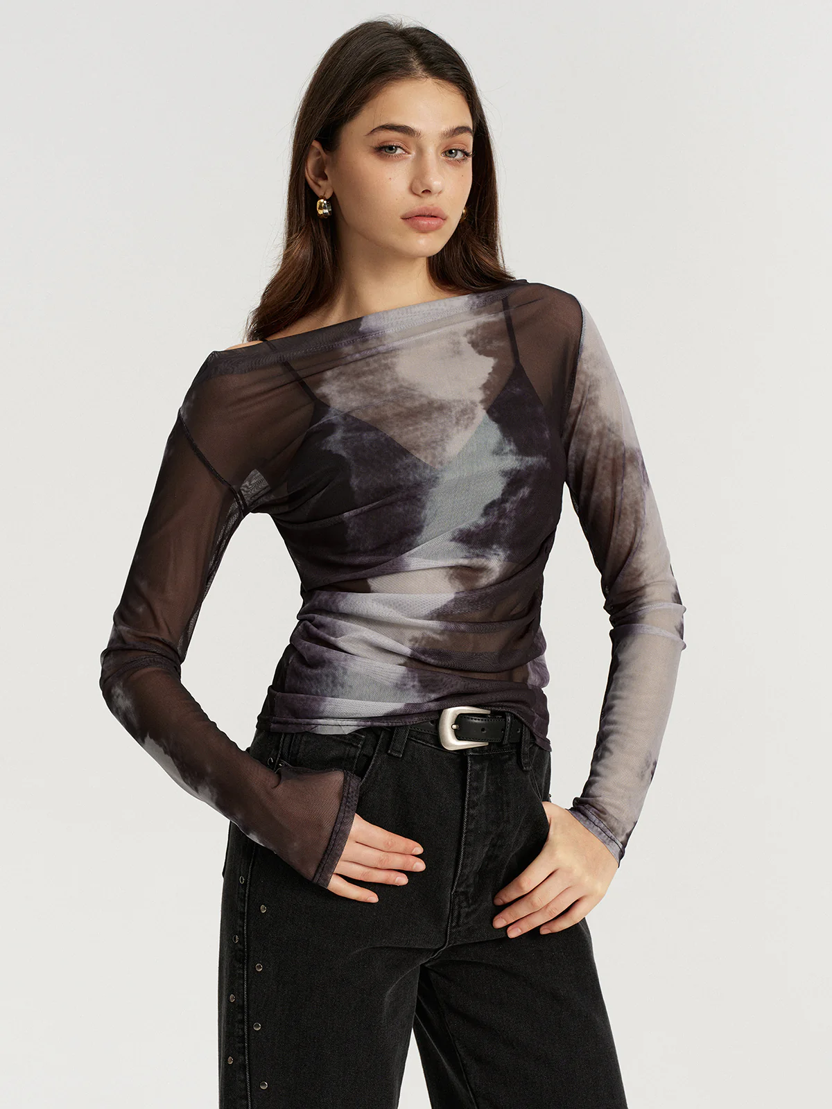 Mesh Tie-Dye Off-Shoulder Long Sleeve T-Shirt - Wholesalesil