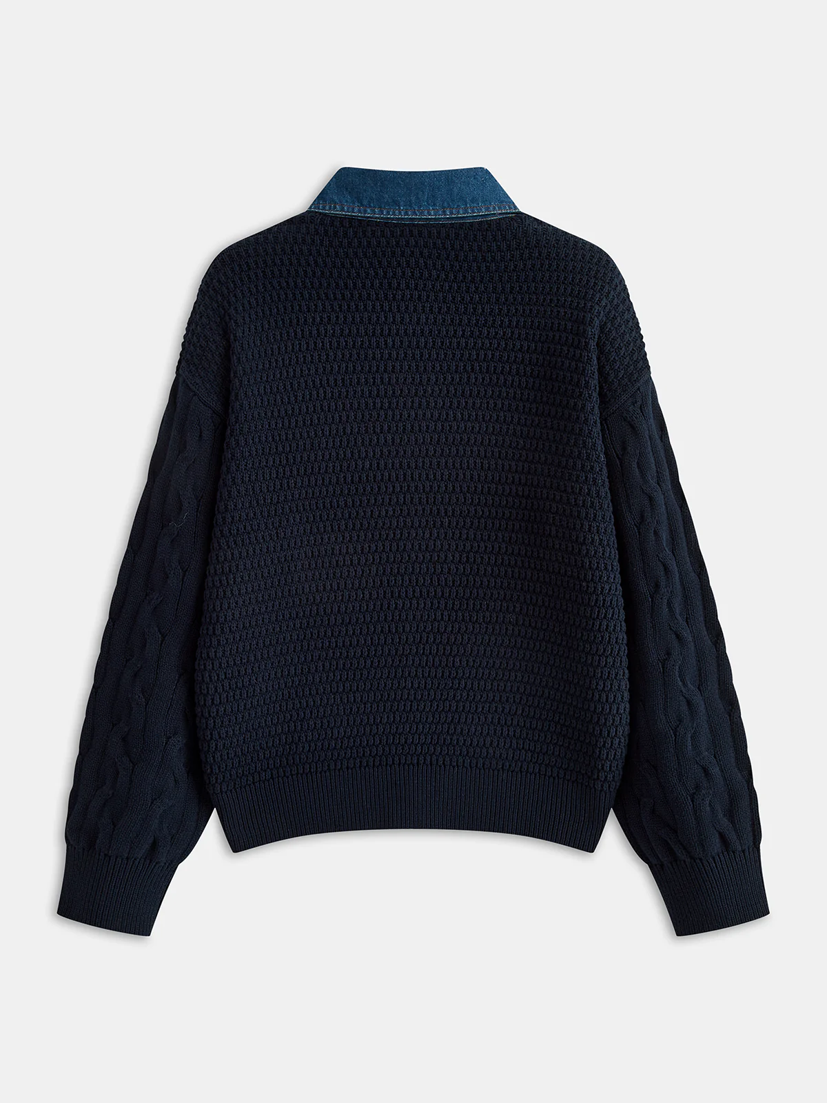 Denim Panel Polo Collar Cable Knit Sweater - Wholesalesil