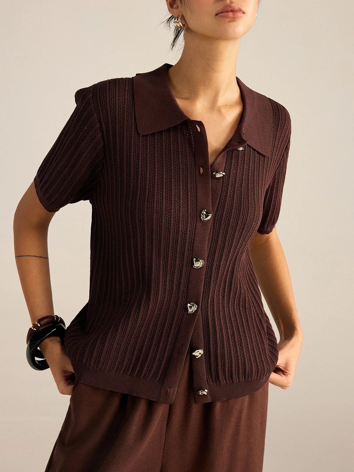 Ribbed Knit Polo-Collar Cardigan - Wholesalesil