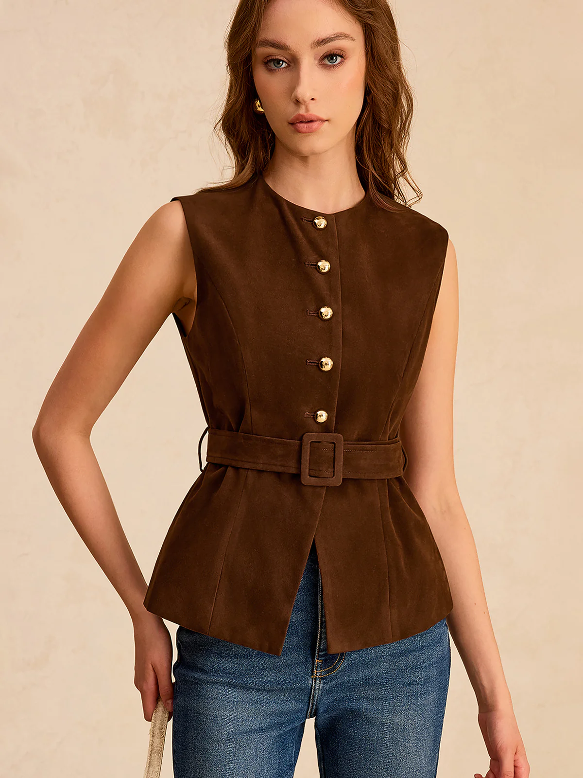 Suede Effect Vest with Belt - Wholesalesil