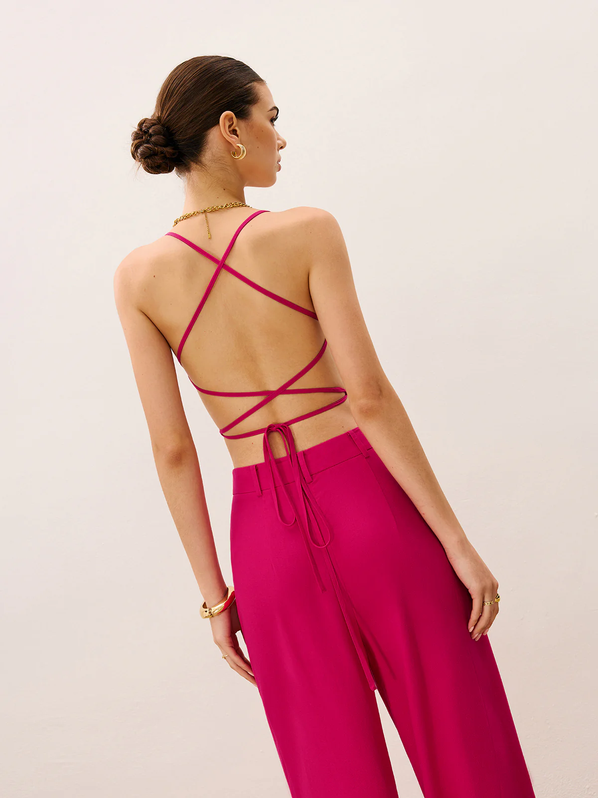 Tie-Back Top and Wide-Leg Pants Set - Wholesalesil