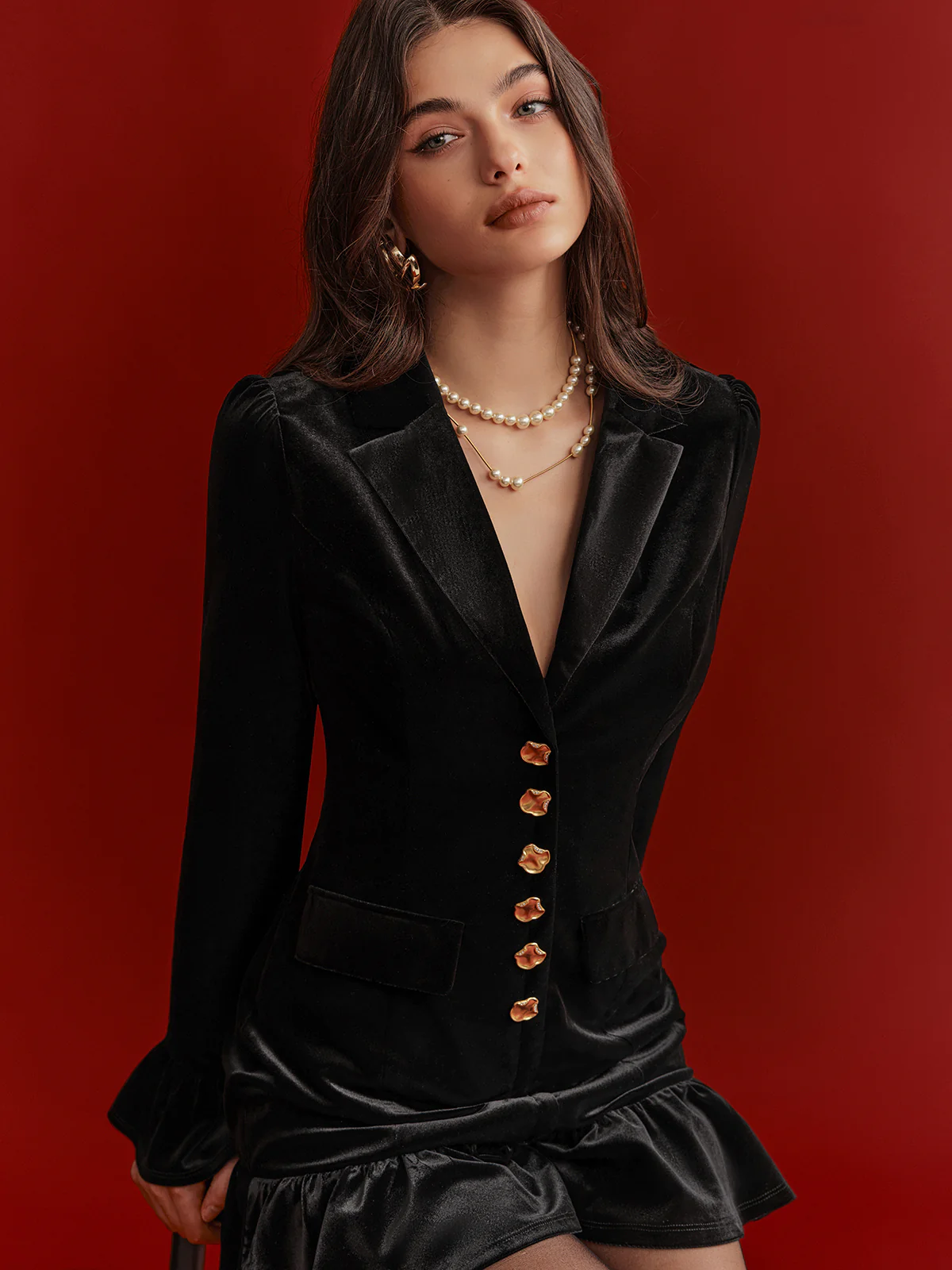 Metal Button Ruffled Hem Velvet Blazer Dress - Wholesalesil