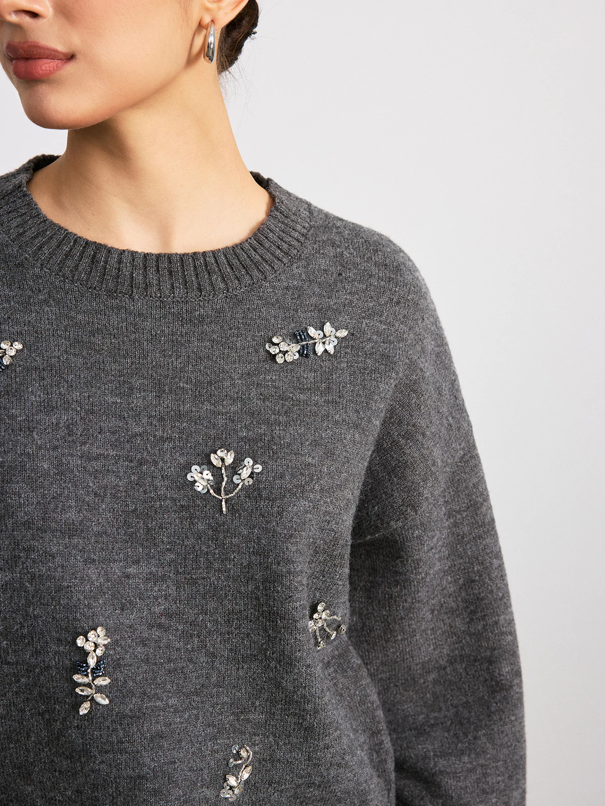 Crew Neck Sweater with Floral Crystal Embellishments - Wholesalesil