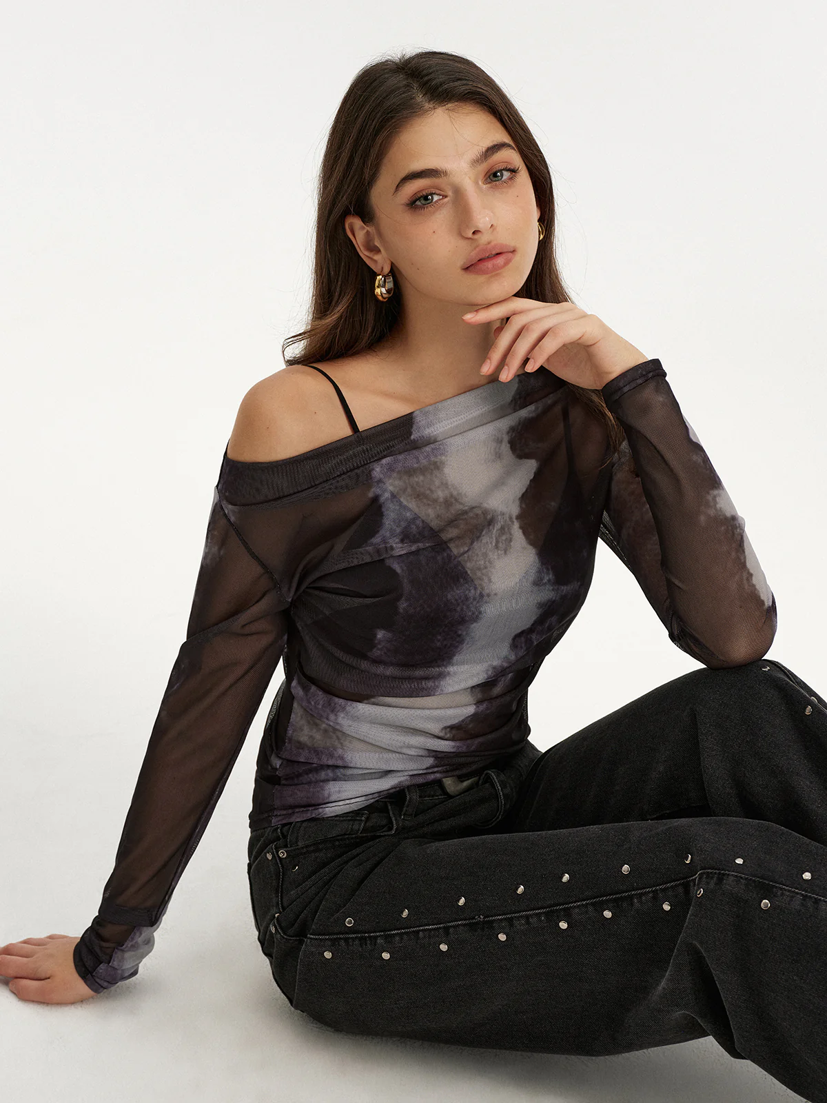 Mesh Tie-Dye Off-Shoulder Long Sleeve T-Shirt - Wholesalesil