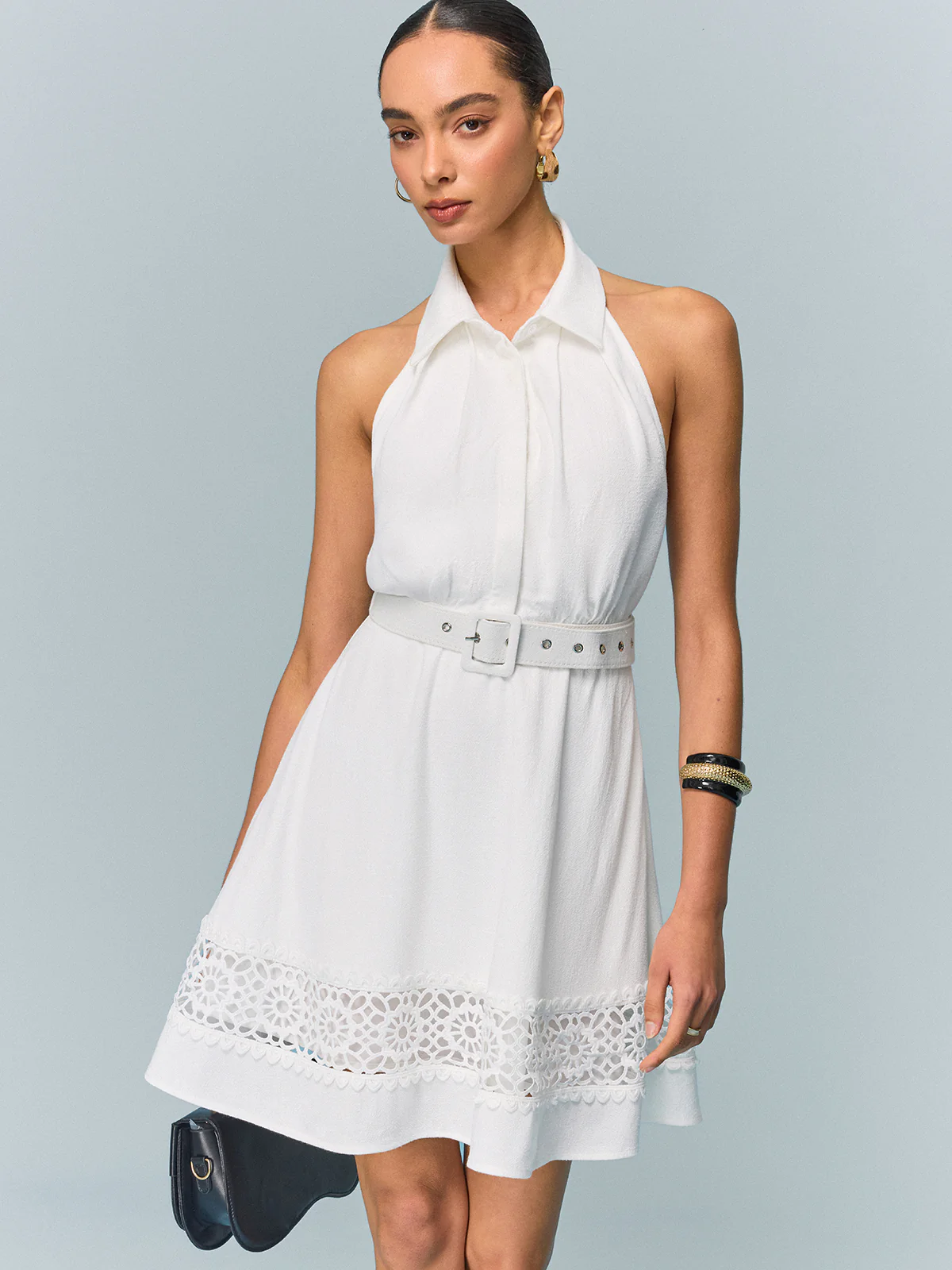Linen Halter Belted Dress with Lace Hem - Wholesalesil