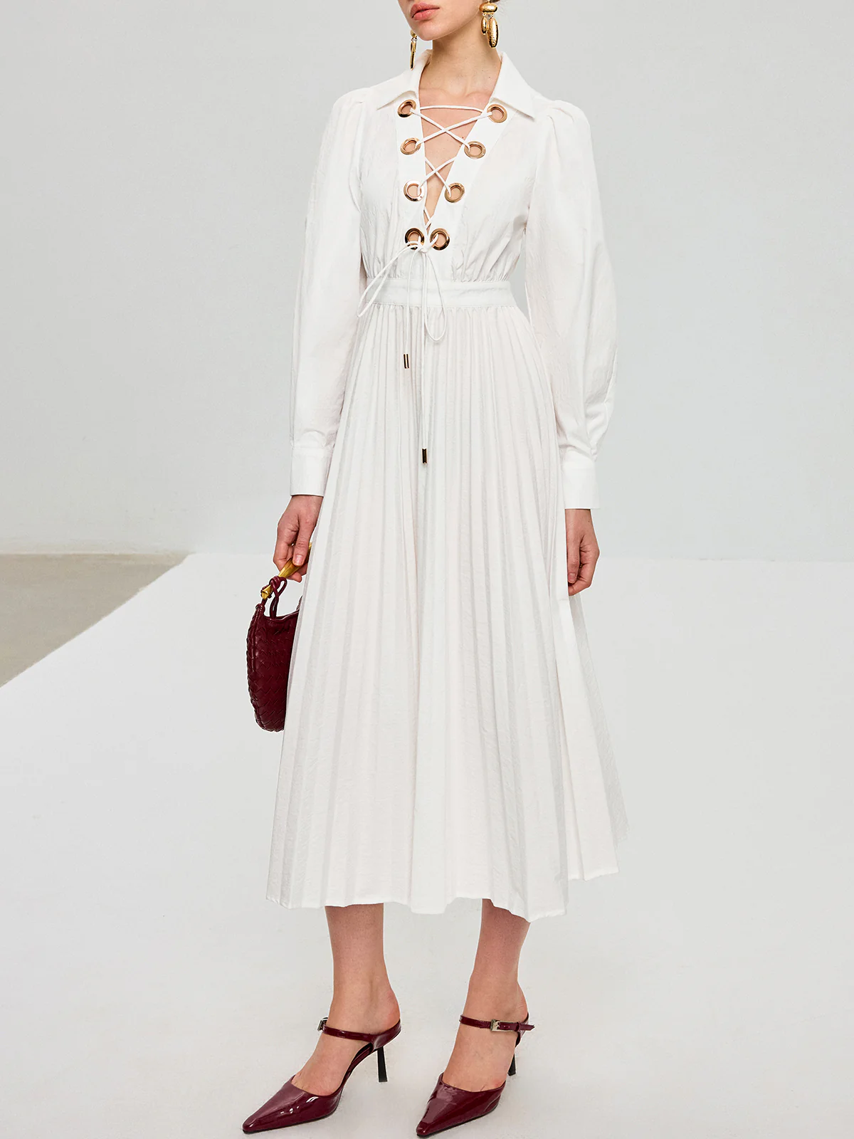 Lace-Up Pleated Midi Dress - Wholesalesil