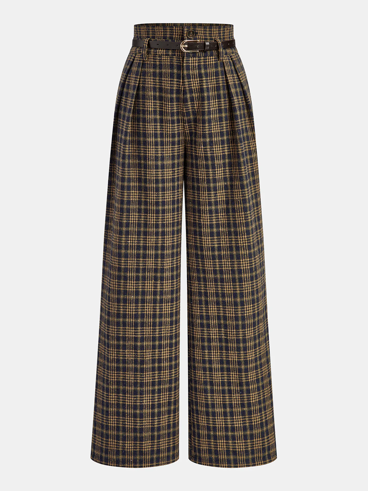 Belted Plaid High-Waisted Pants - Wholesalesil