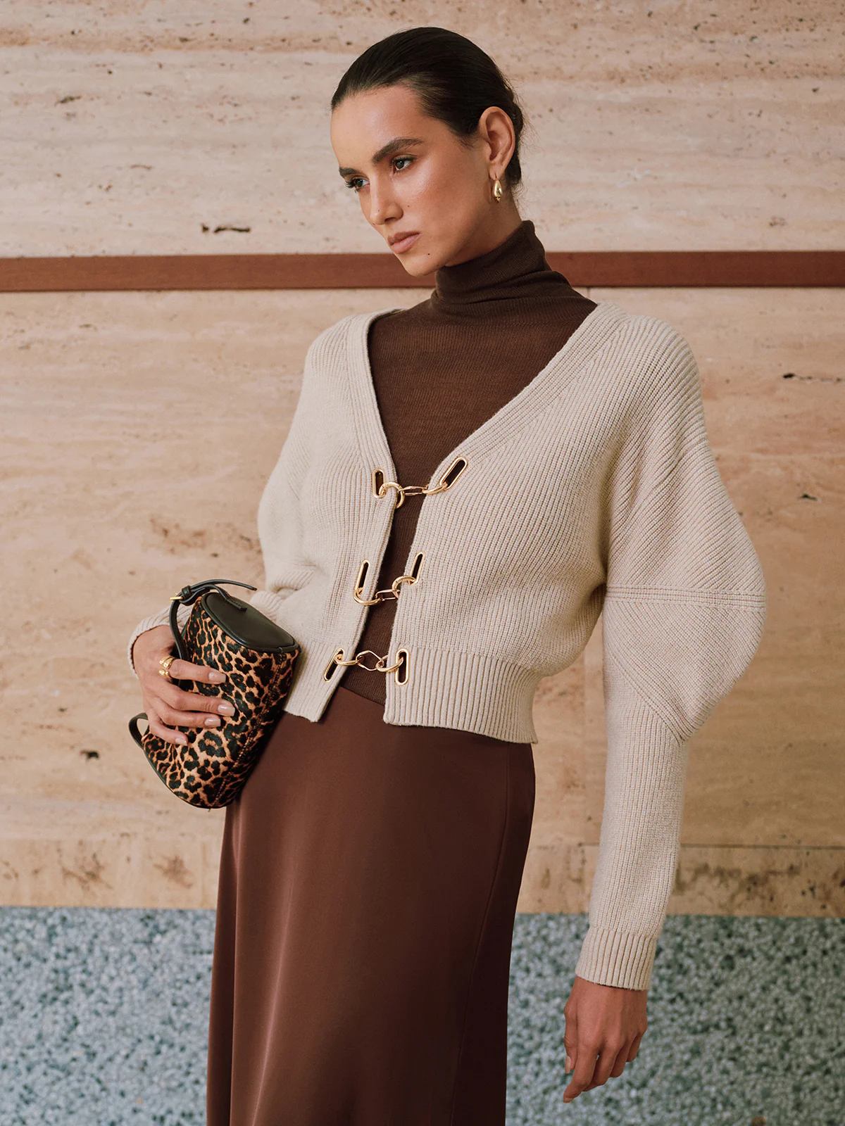 Puff Sleeve Chain Closure Knit Cardigan - Wholesalesil