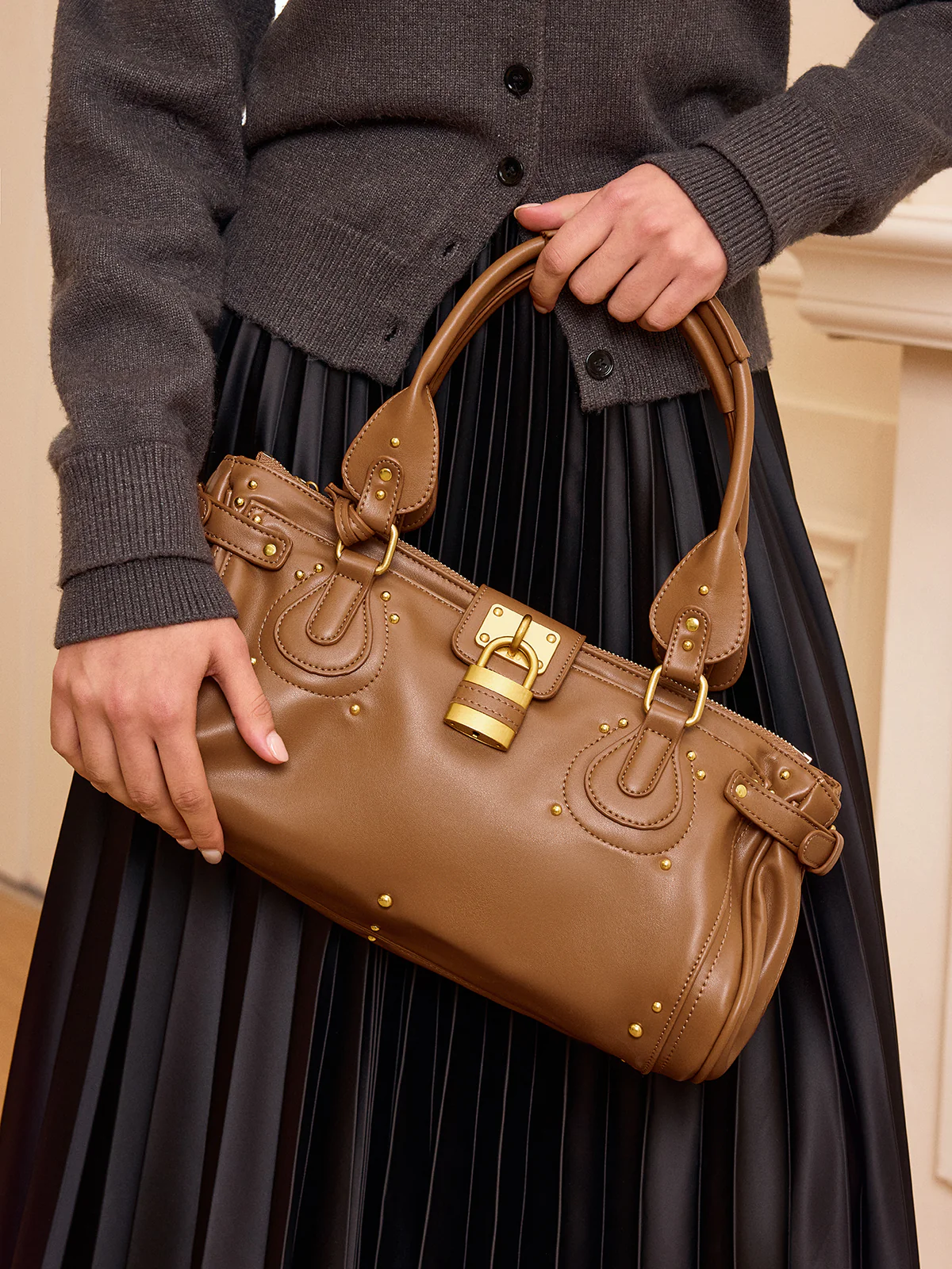 Lock Detail Studded PU Leather Top Handle Bag - Wholesalesil