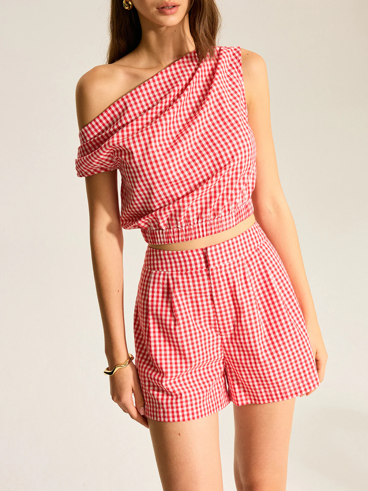 Gingham One-Shoulder Top and Shorts Set - Wholesalesil
