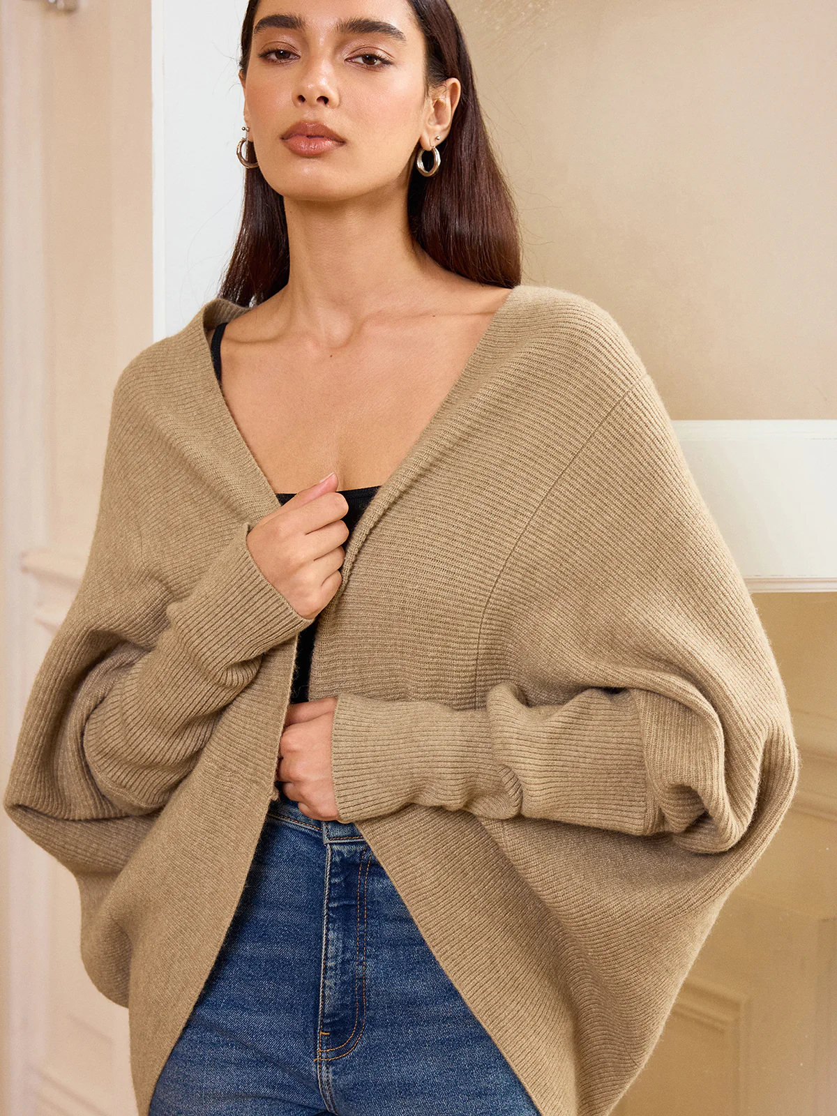 Batwing Sleeve Oversized Ribbed Knit Cardigan - Wholesalesil
