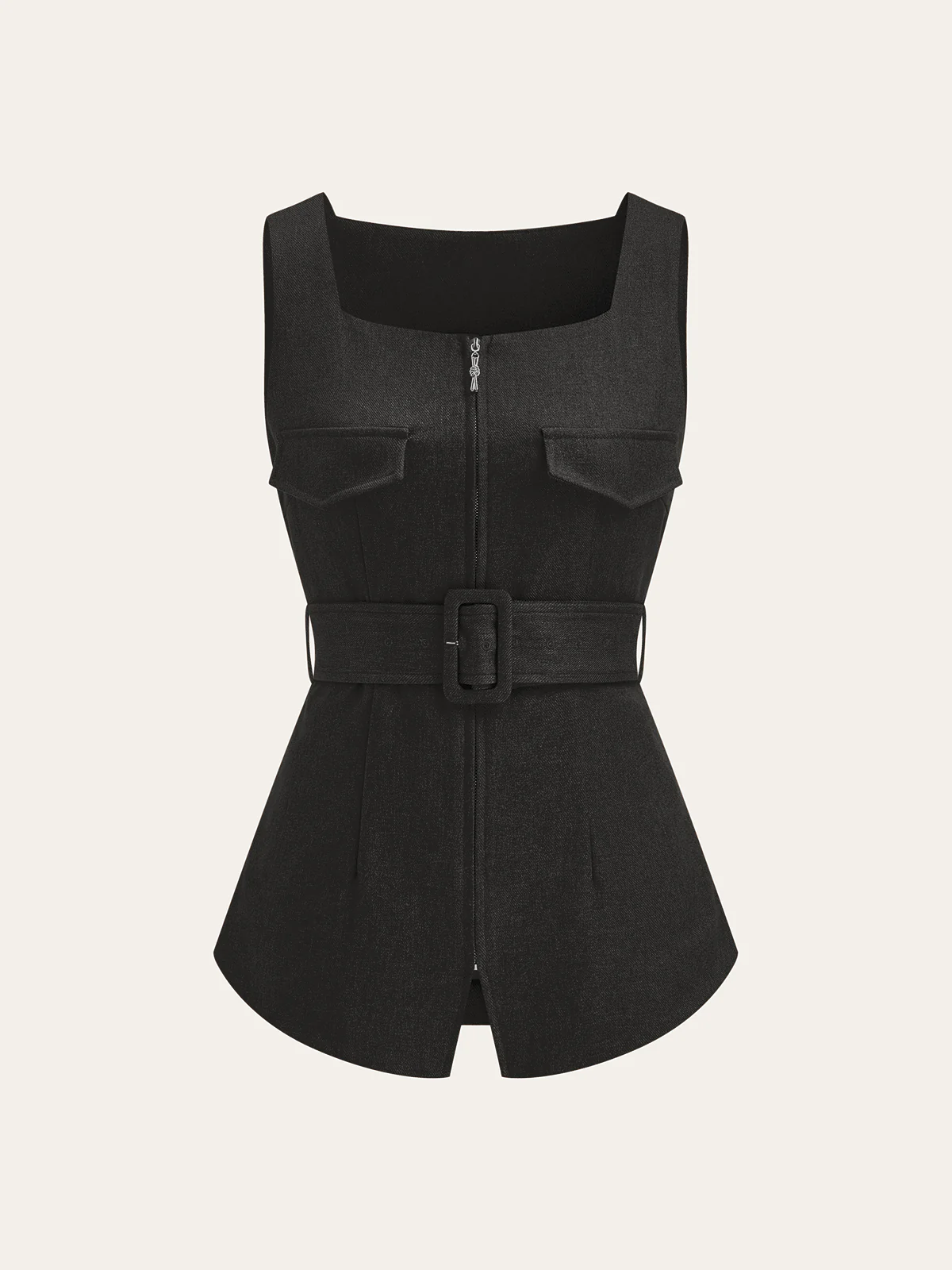 Square Neck Zip Front Belted Vest - Wholesalesil