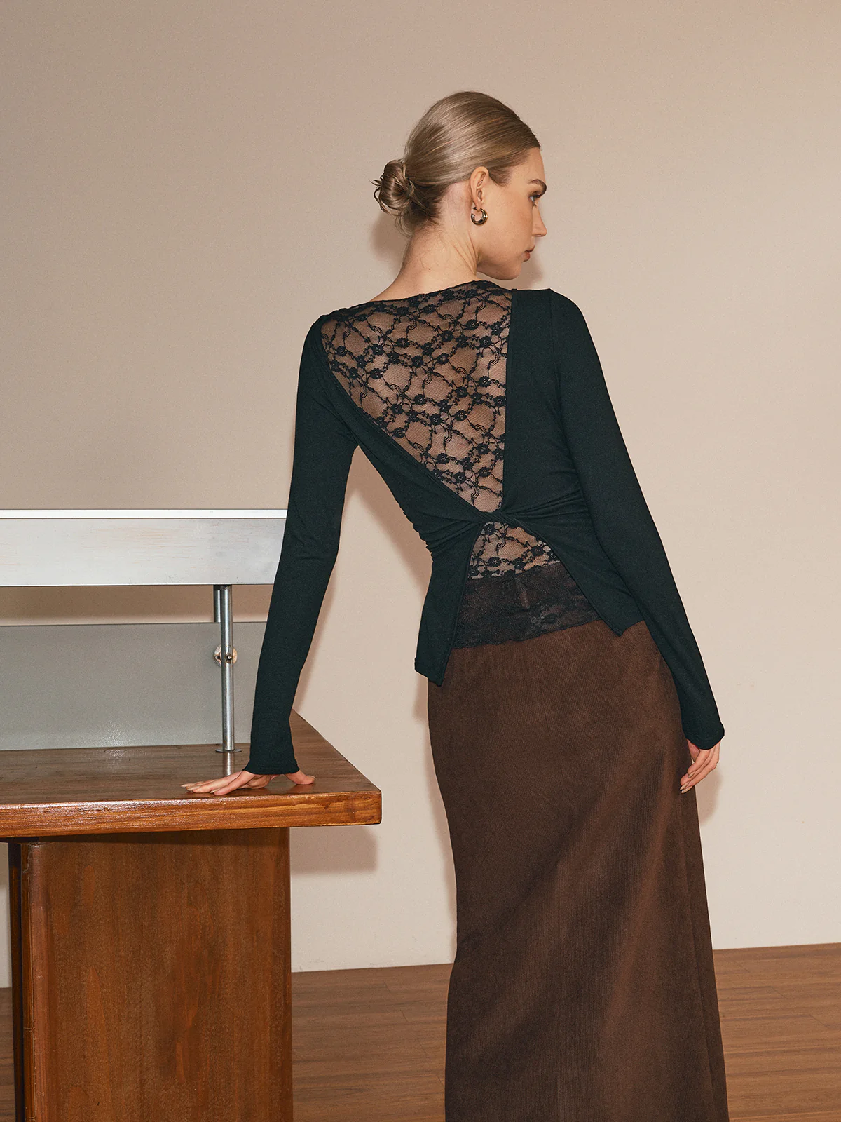 Sheer Lace Back Long Sleeve T-Shirt - Wholesalesil