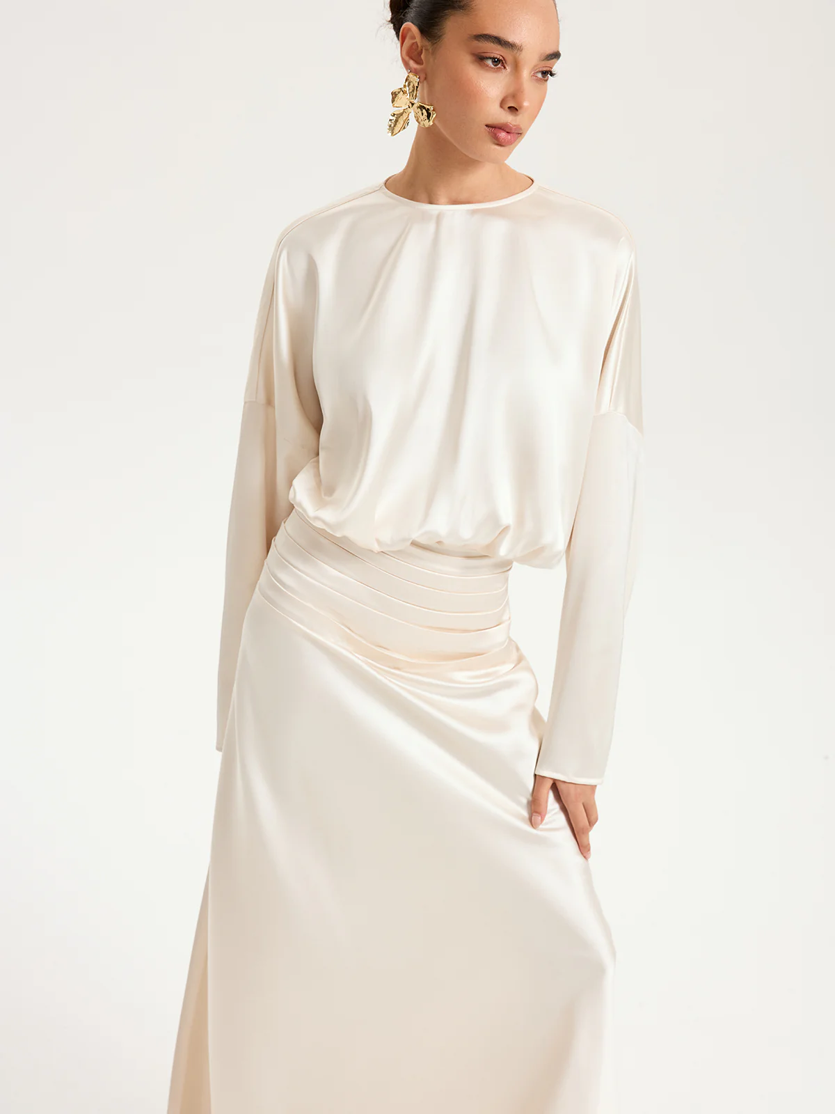 Satin Long Sleeve Pleated Waist Maxi Dress - Wholesalesil