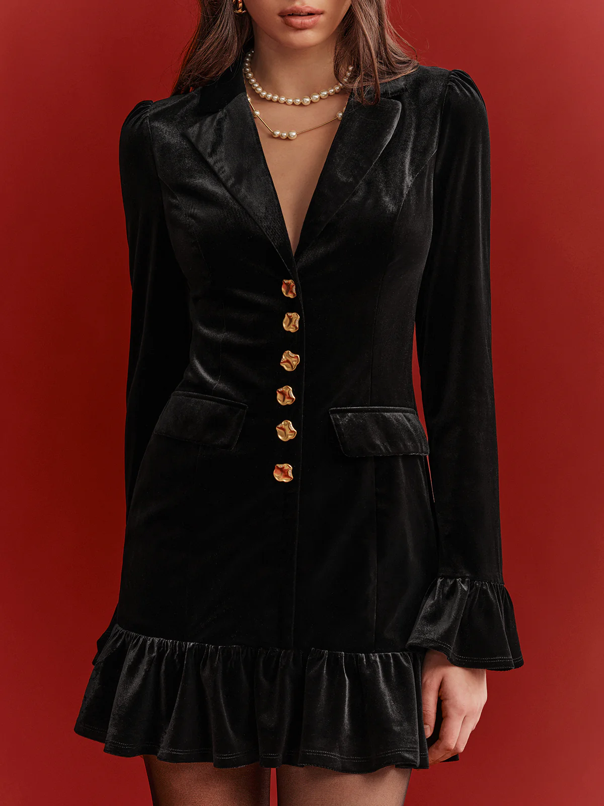 Metal Button Ruffled Hem Velvet Blazer Dress - Wholesalesil