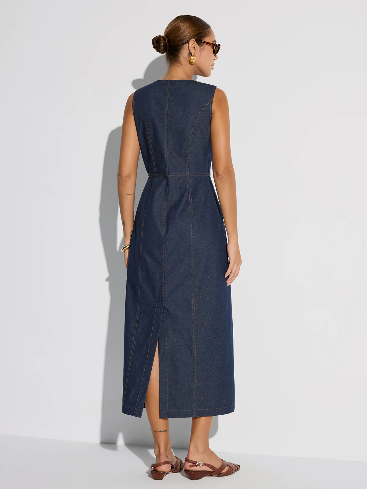 Button-Front Sleeveless Denim Maxi Dress - Wholesalesil