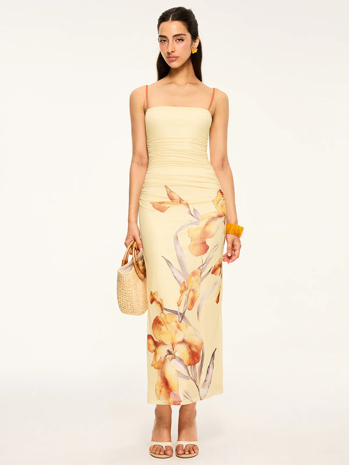 Floral Print Ruched Maxi Dress - Wholesalesil