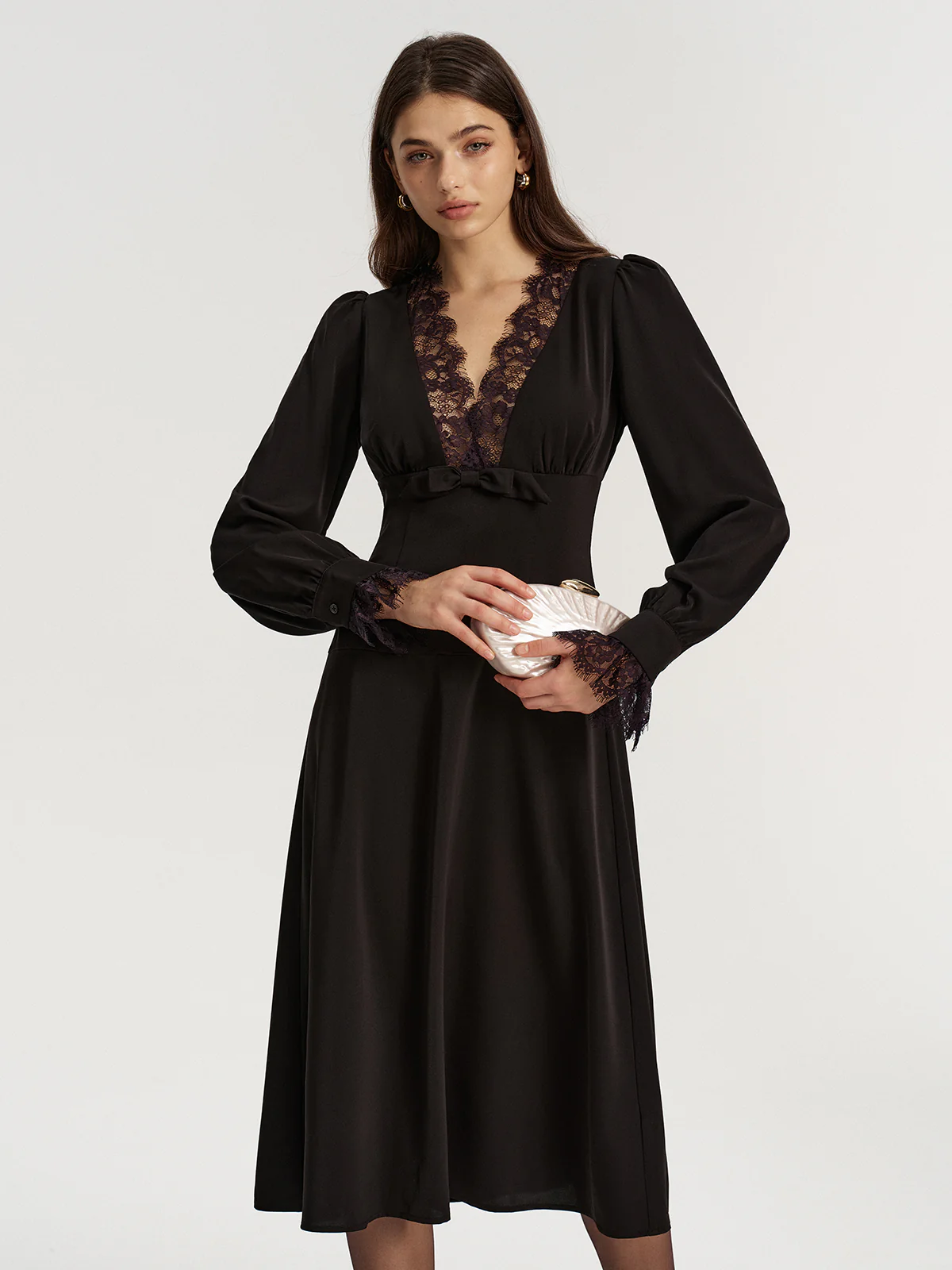 Lace V-Neck Bow Detail Satin Midi Dress - Wholesalesil