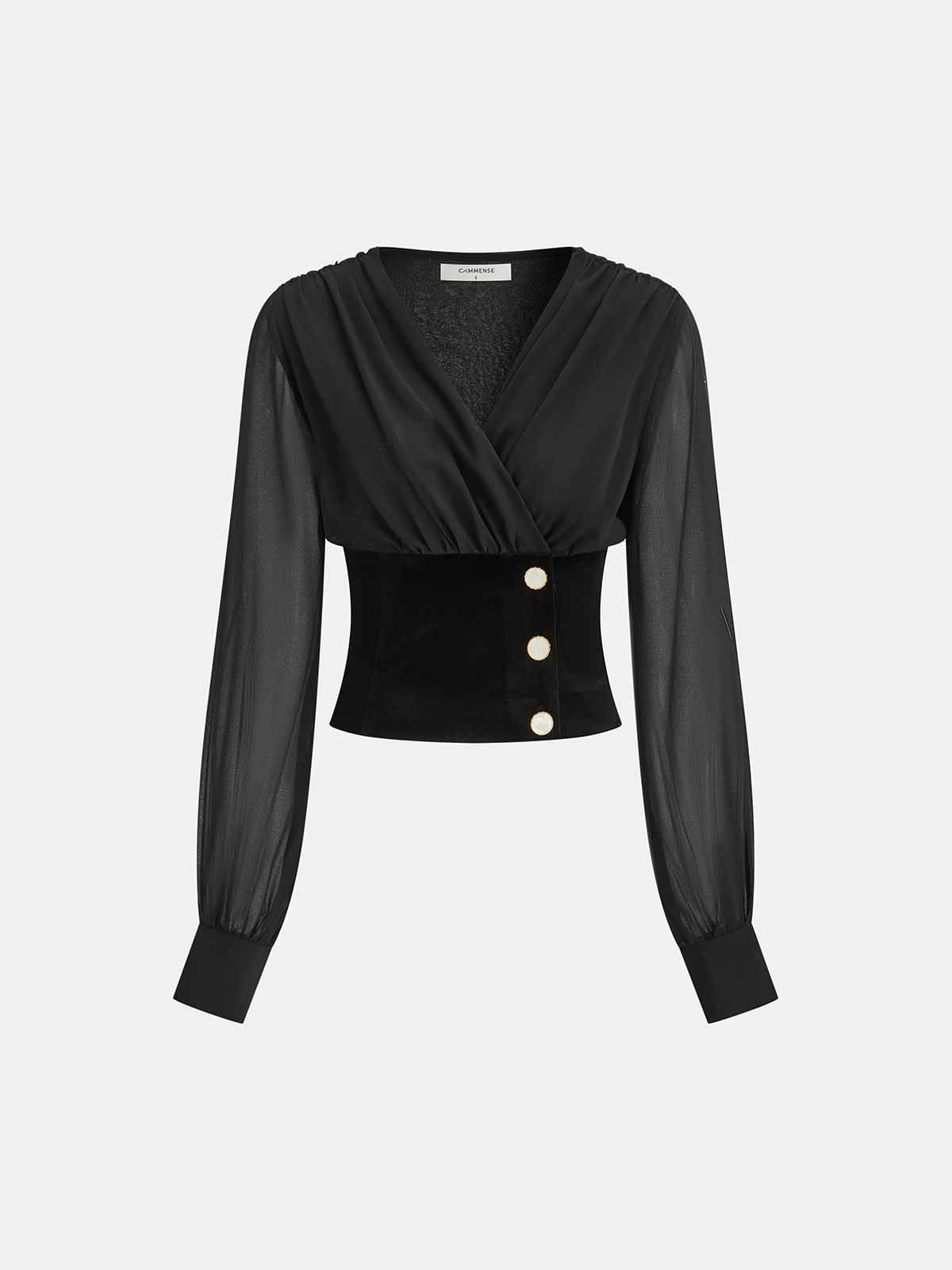 Velvet-Cinched V-Neck Chiffon Paneled Cropped Blouse - Wholesalesil