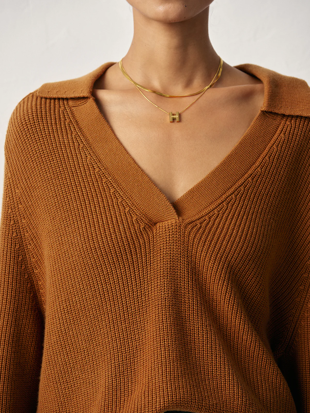 Wool Blend Polo Collar V-Neck Sweater - Wholesalesil