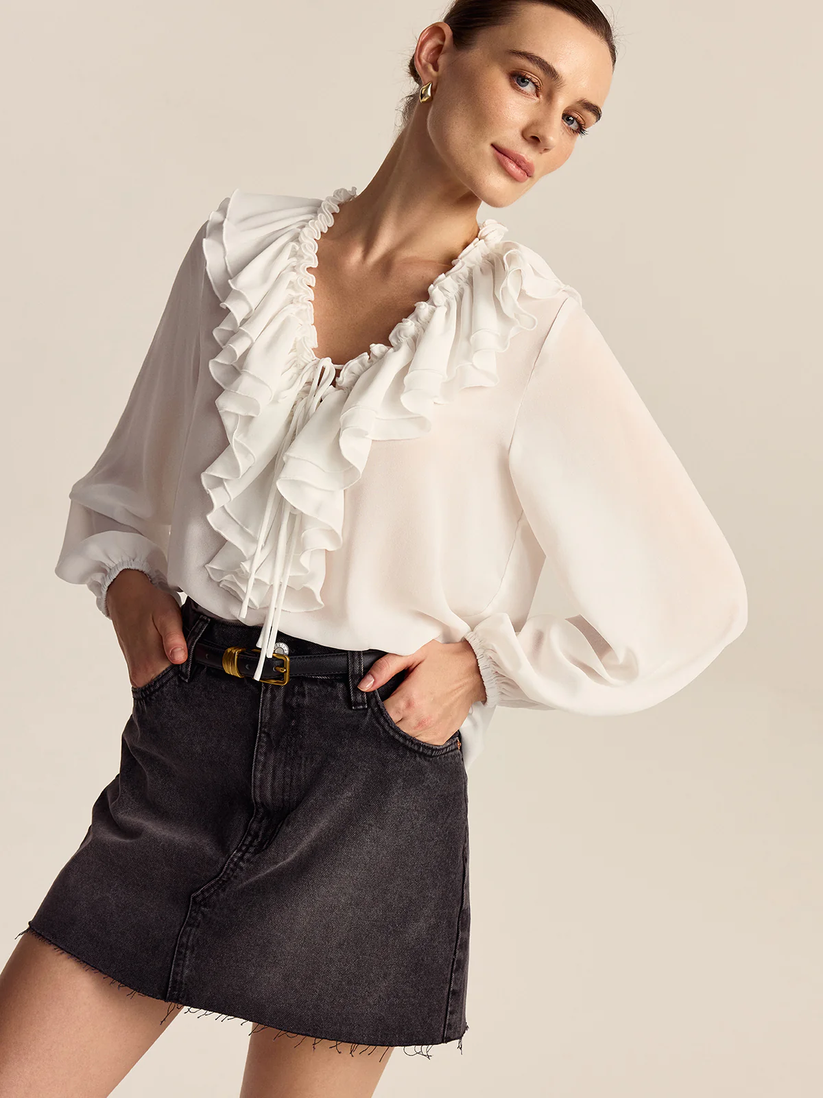 Ruffled V-Neck Chiffon Blouse - Wholesalesil