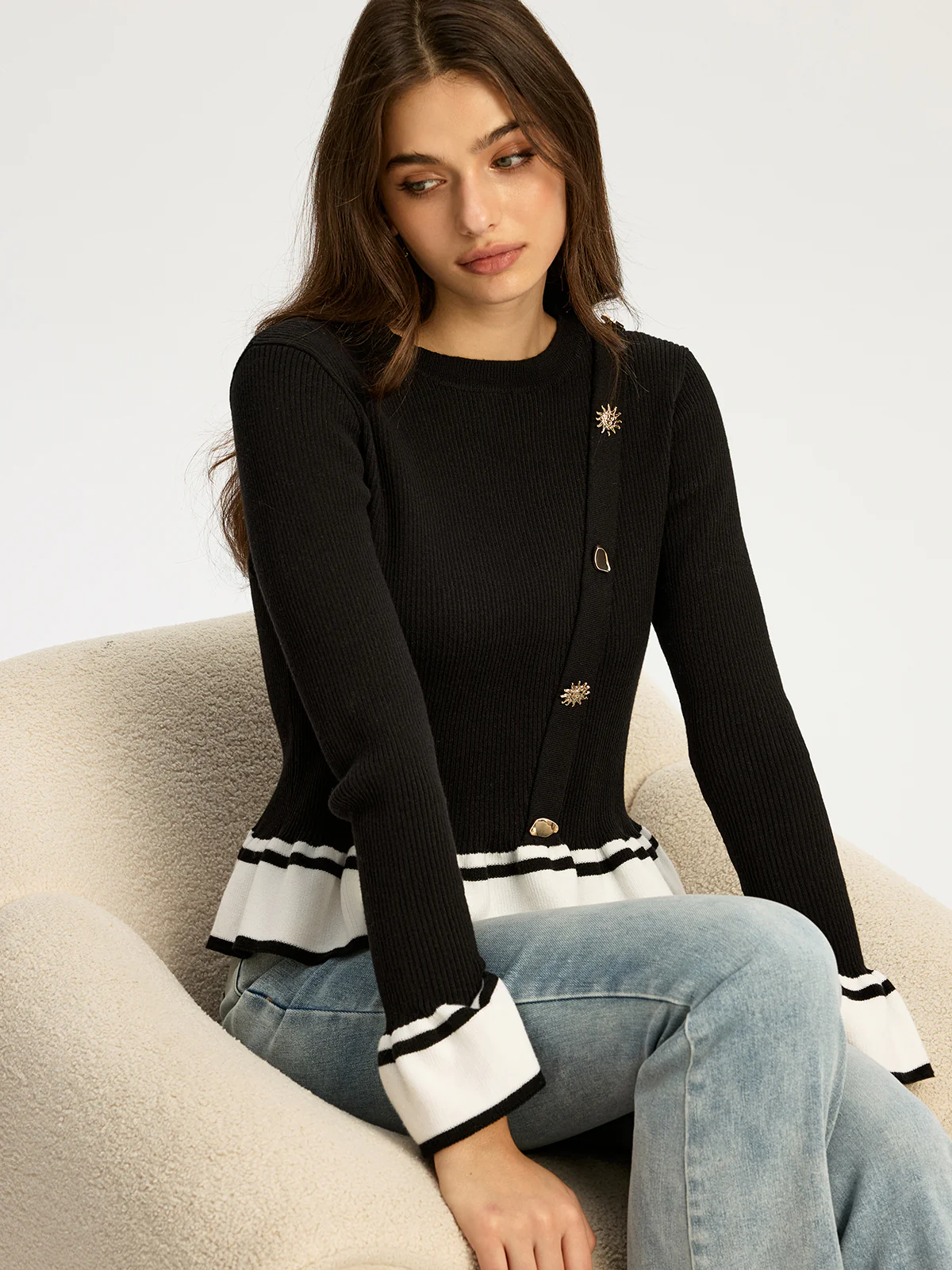 Contrast Ruffled Hem Sweater - Wholesalesil