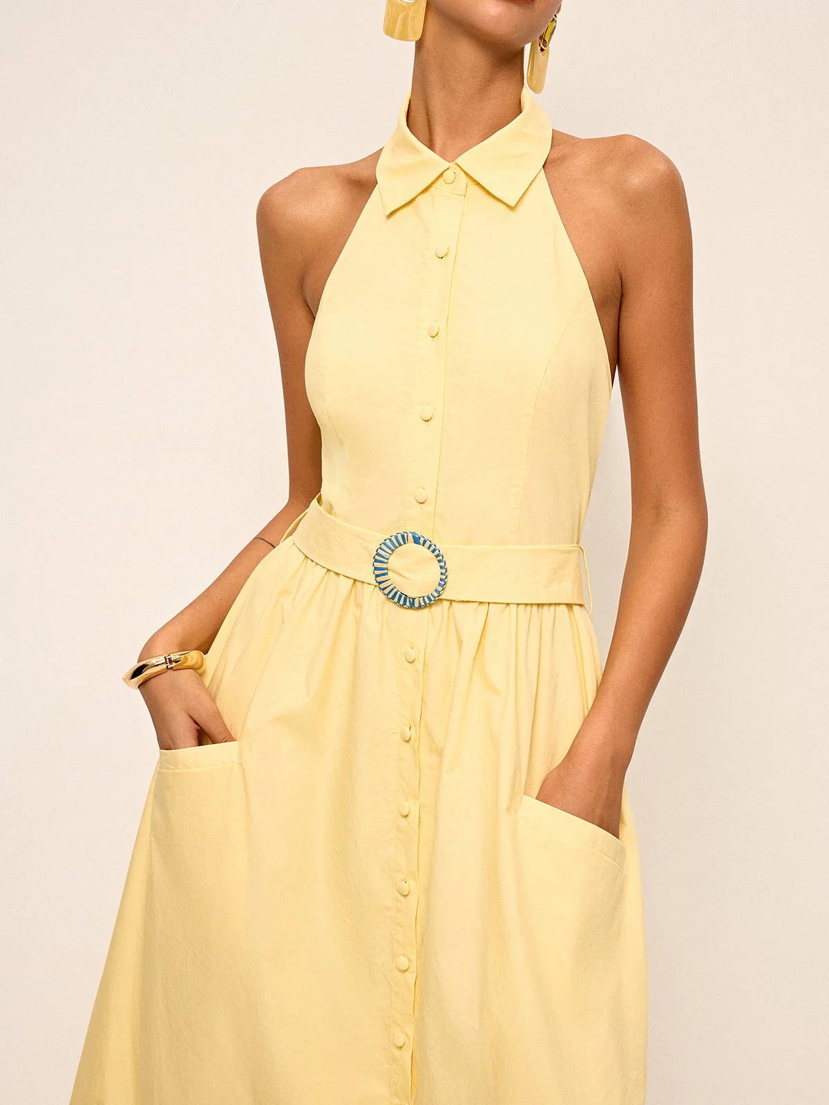 Halter Neck Backless Shirt Dress with Belt - Wholesalesil