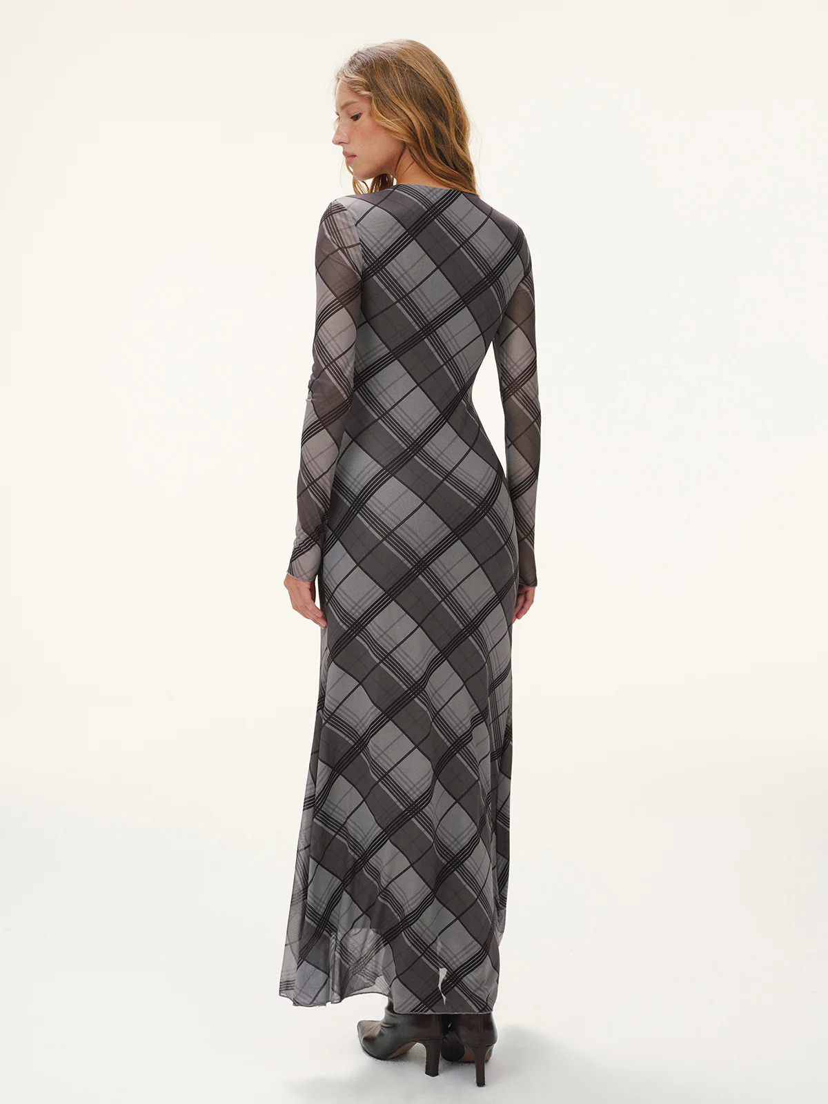 Plaid Mesh Long Sleeve Maxi Dress without Belt - Wholesalesil