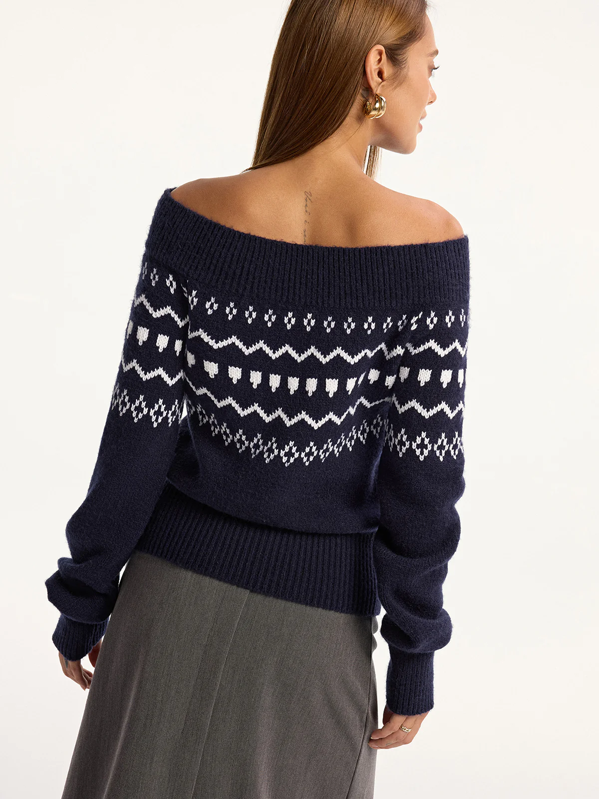 Off-Shoulder Fair Isle Knit Sweater - Wholesalesil