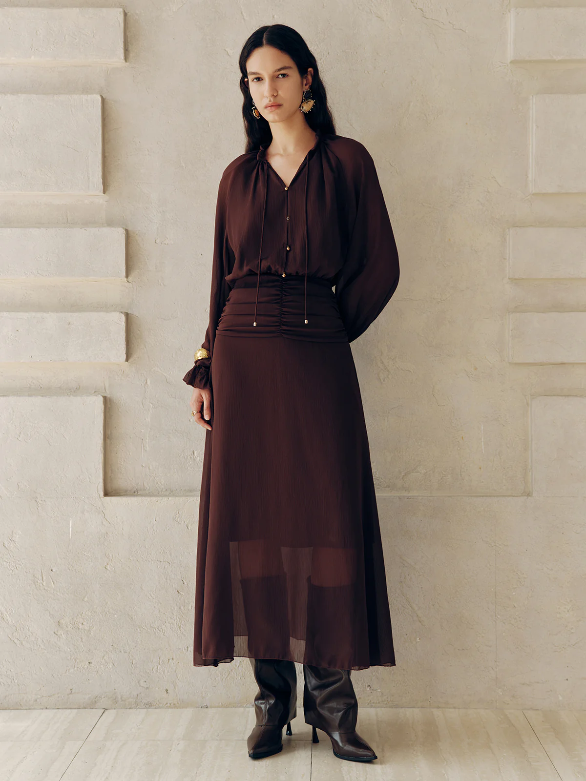 Tie-Neck Ruched Chiffon Maxi Dress - Wholesalesil