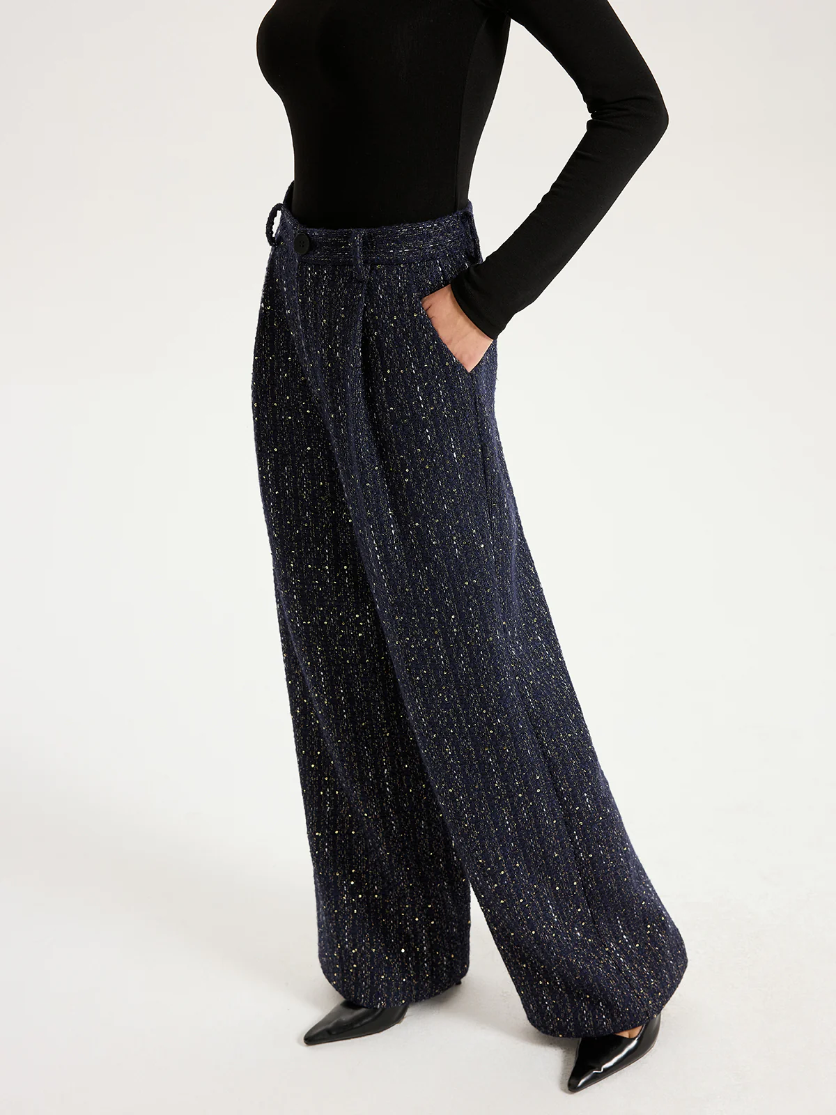 Mid-Waist Tweed Sequin Wide-Leg Pants - Wholesalesil