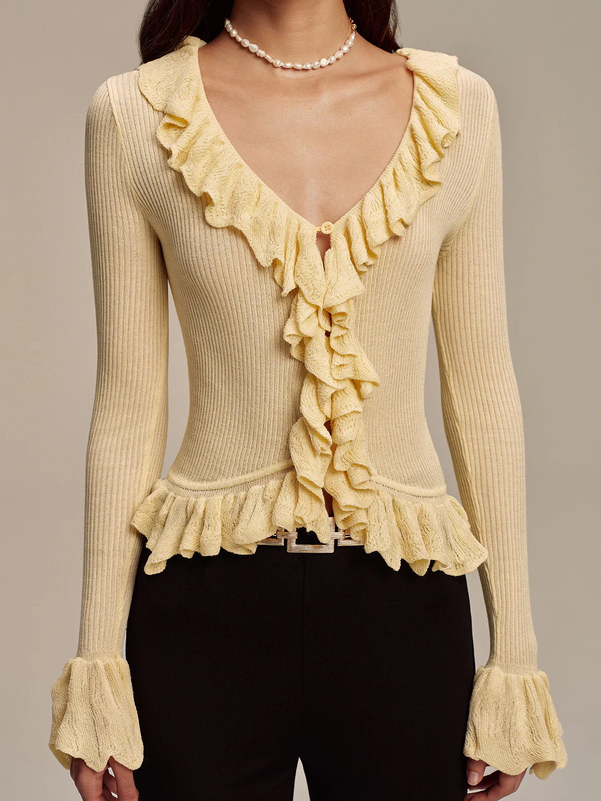Ruffled V-Neck Knit Cardigan - Wholesalesil