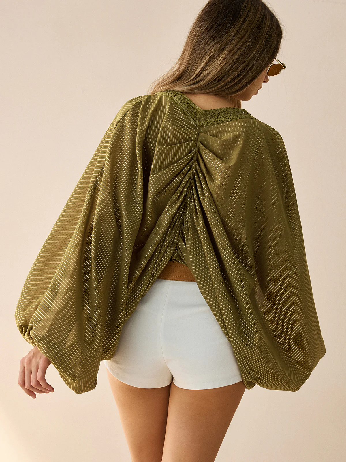 Semi-Sheer Striped Lace-Up Blouse with Batwing Sleeves - Wholesalesil