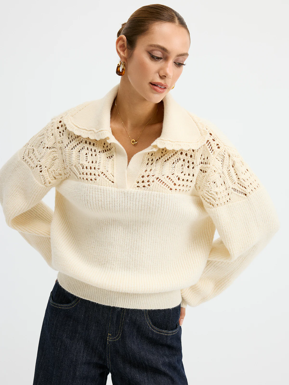Openwork Polo Knit Sweater - Wholesalesil