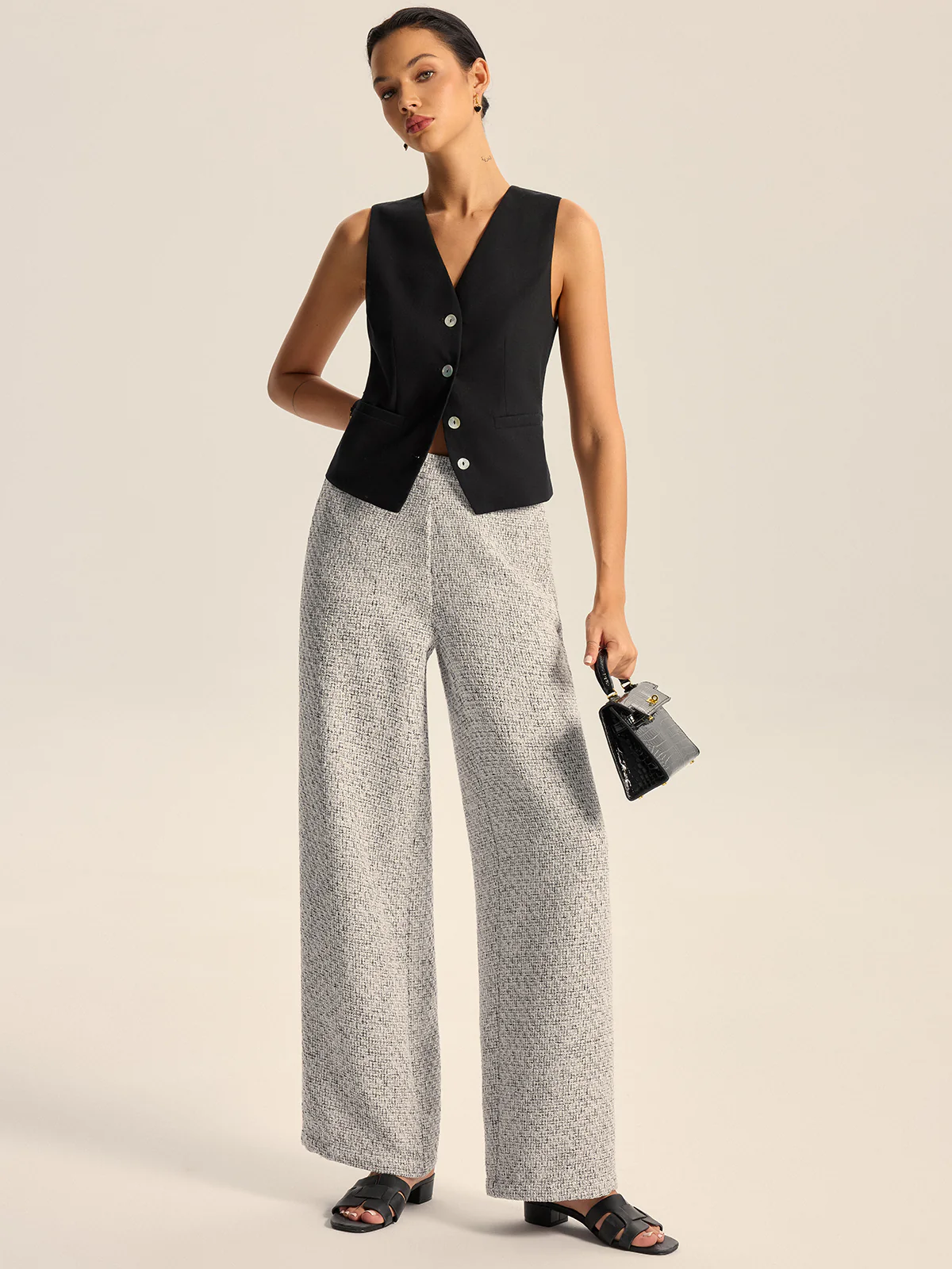 Textured Tweed Wide-Leg Pants - Wholesalesil