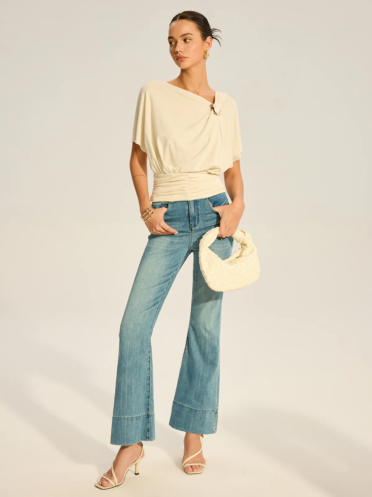 Asymmetrical Ruched Draped Top with Metal Ring Detail - Wholesalesil