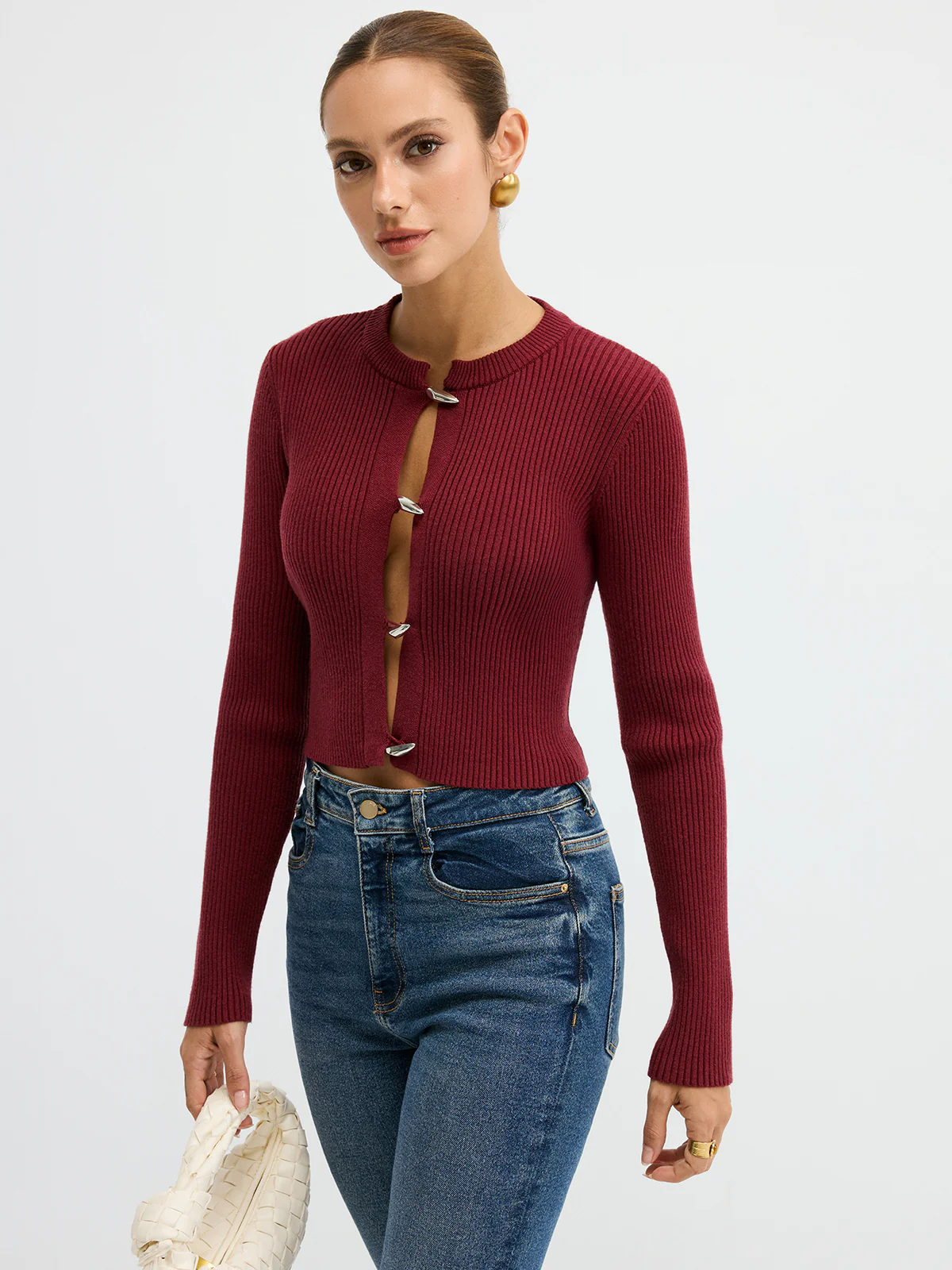 Metal Button Ribbed Fitted Sweater - Wholesalesil