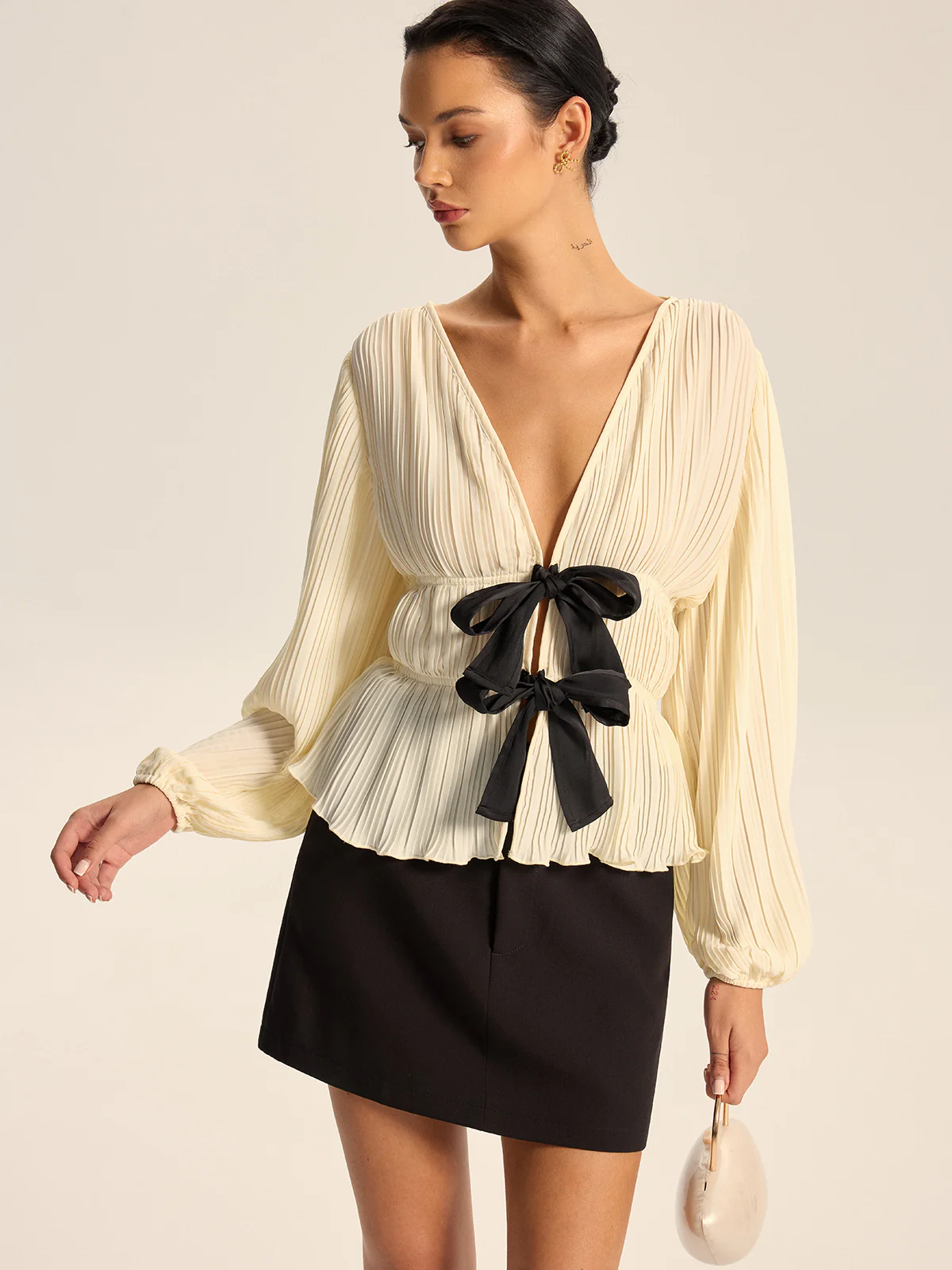 Pleated V-Neck Bow Blouse - Wholesalesil