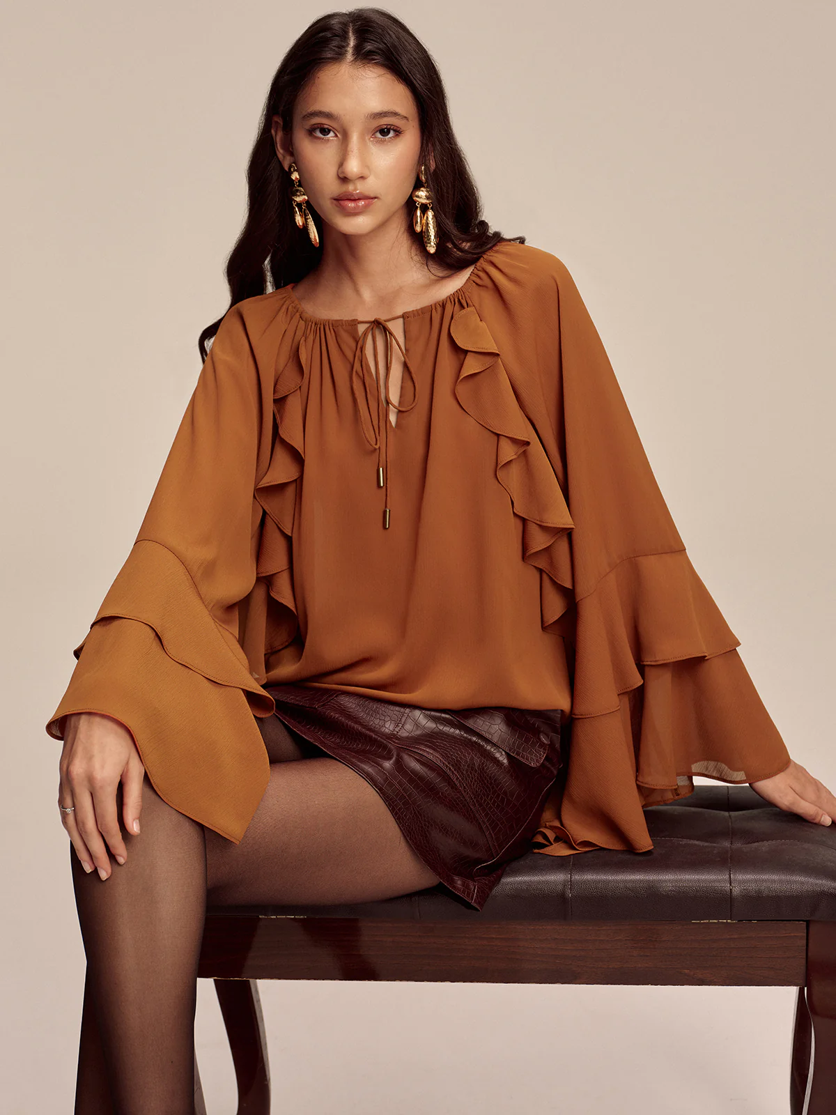 Chiffon Ruffled Tiered Sleeve Tie-Neck Blouse - Wholesalesil