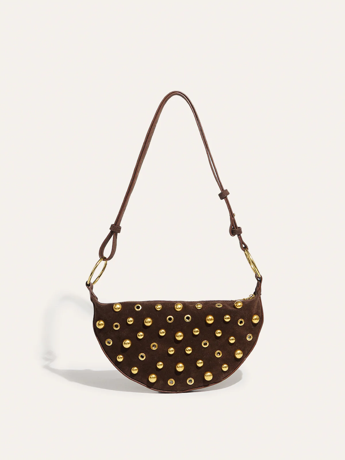 Suede Effect Studded Half-Moon Shoulder Bag - Wholesalesil
