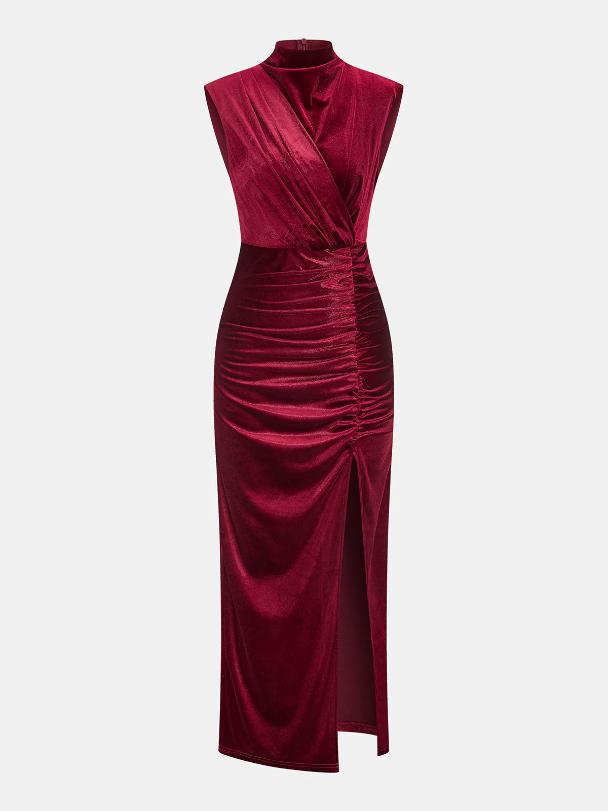 Sleeveless Side Slit Velvet Mock Neck Maxi Dress - Wholesalesil