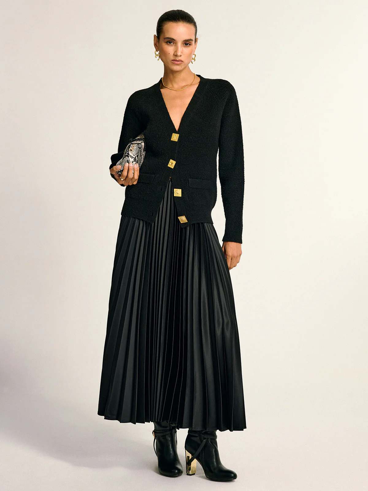 Metal Button V-Neck Wool Blend Cardigan - Wholesalesil